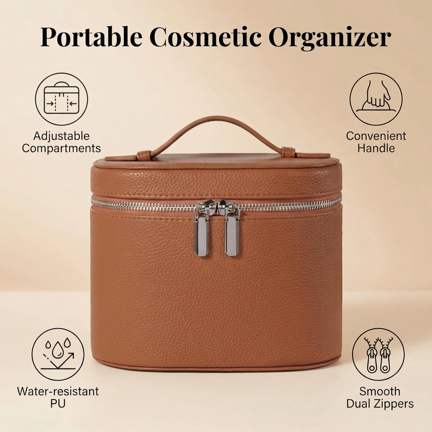 IEMIEBOAMGNOY Leather Make Up Bags With Compartments, Brown travel Cosmetic Bags for Women, Parallel Makeup Travel Bags Organizer Equipped With a Detachable Divider