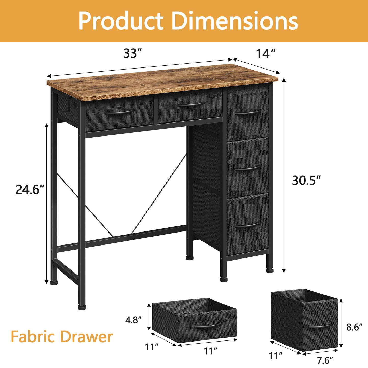 HIGDBFE Small Desk with 5 Fabric Drawers, 33 Inch Writing Desk for Home Office, Simple PC Desks for Small Place, Kids Girls Teen Study Table Vanity for Bedroom, Dorm, Rustic Brown, 14" D