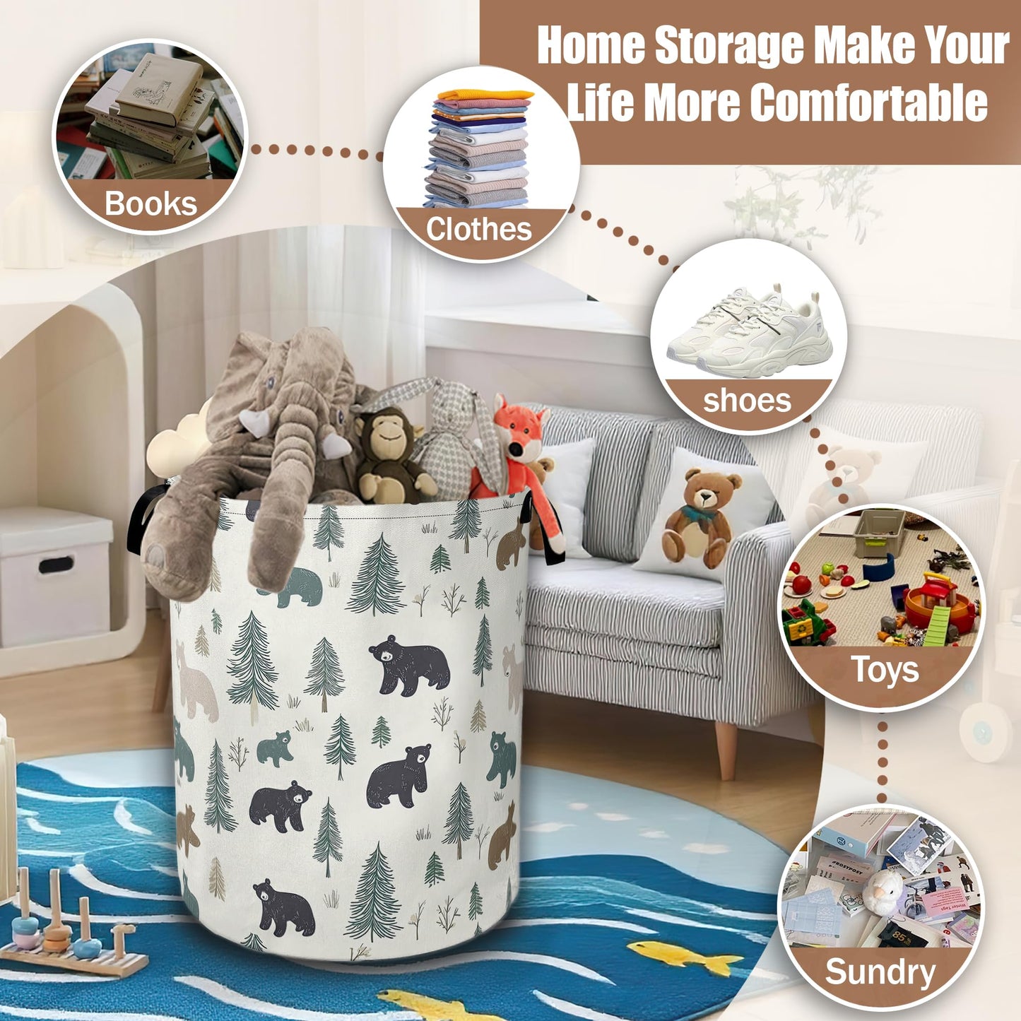 Bear Pine Tree Laundry Basket,Wild Animal Laundry Hamper Waterproof Oxford Cloth Tote Collapsible,Clothes Storage Bucket Decorative Toy Organizer For Bathroom Bedroom 16" x 20.8"