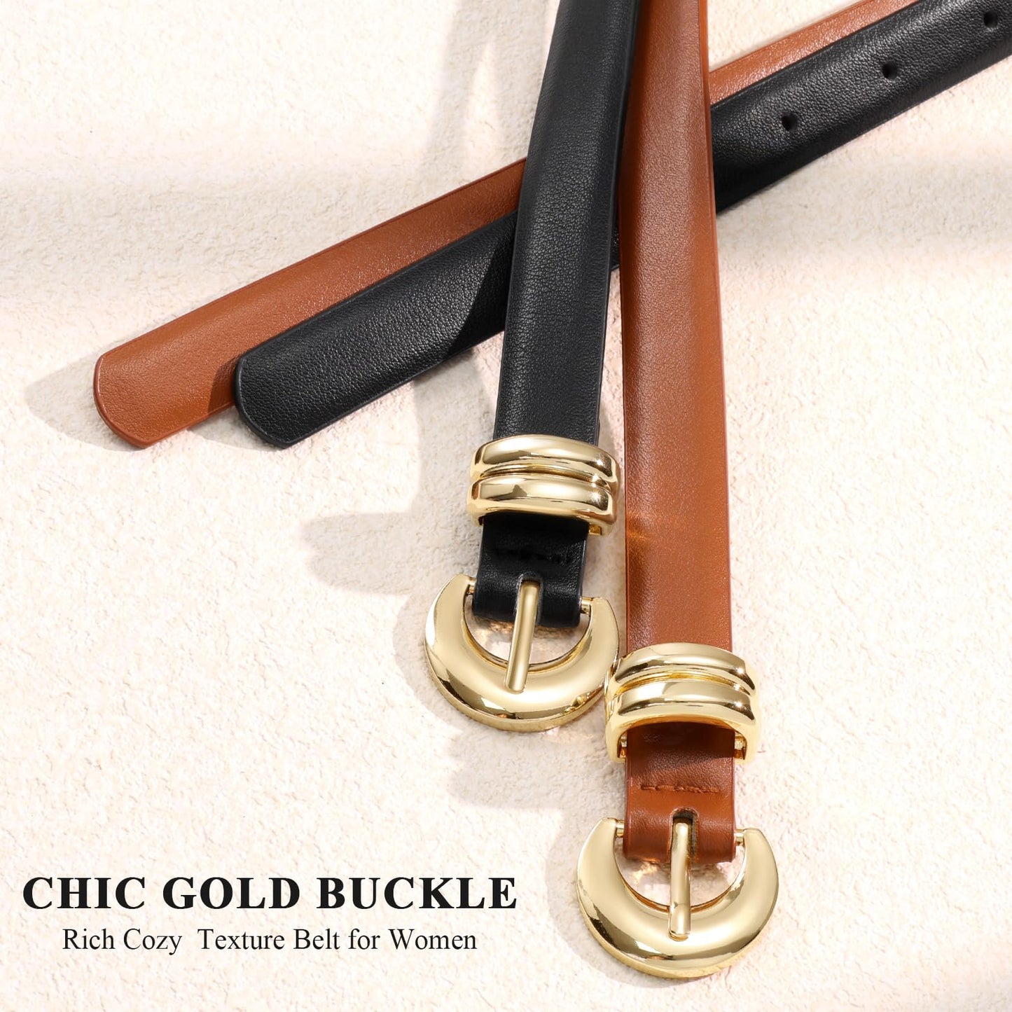 Jorywell 2 Pack Women Skinny Leather Belts for Jeans Dress Thin Waist Belt for Ladies with Gold Buckle 0.8’’ Width