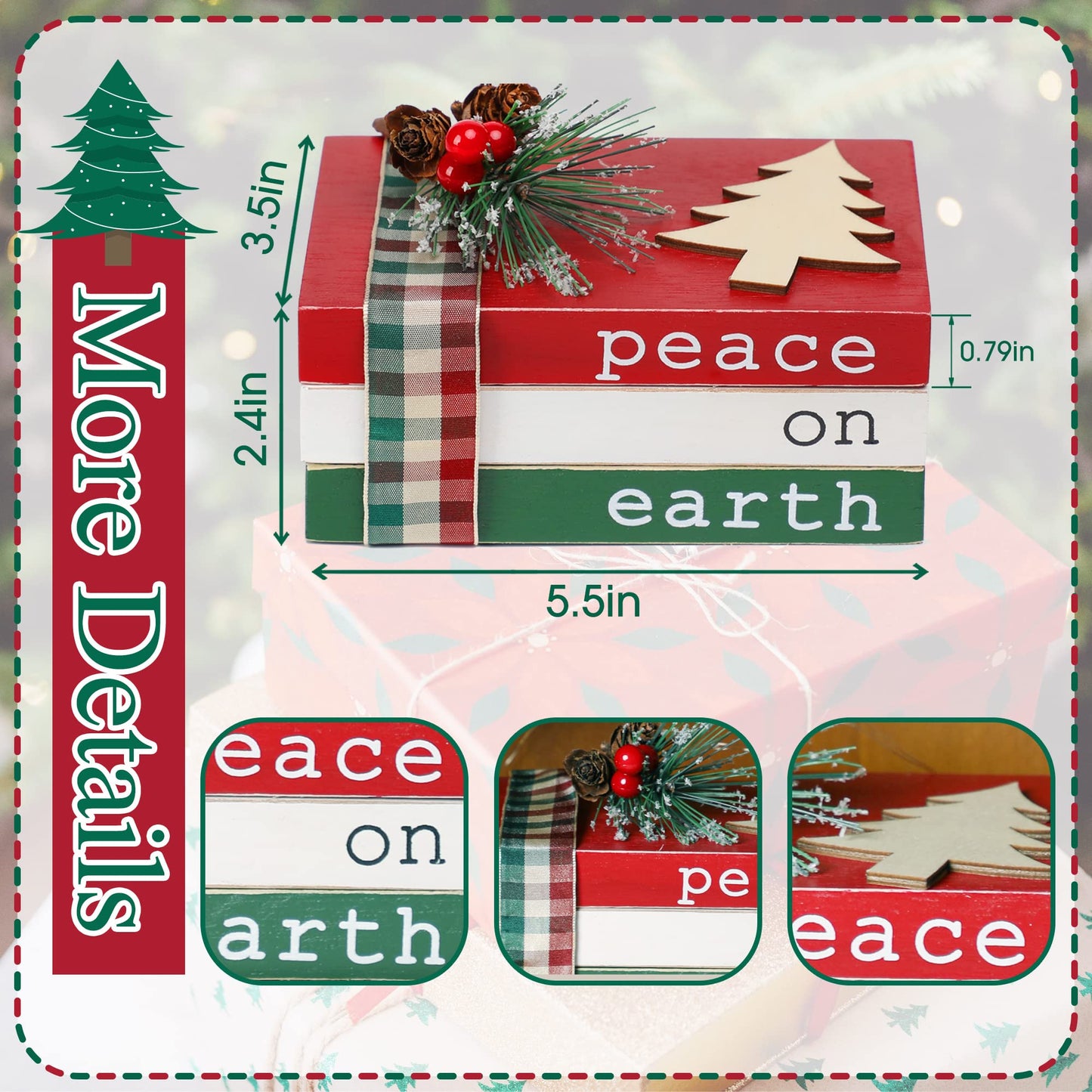 Christmas Wood Book Stack, Christmas Tiered Tray Decor, Peace on Earth Mini Faux Decorative Books with Pine Berry, Farmhouse Book Decor for Home Table Mantle Shelf