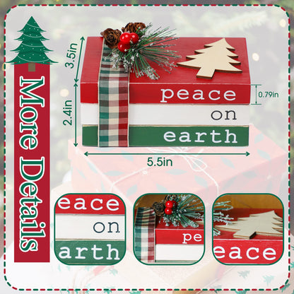 Christmas Wood Book Stack, Christmas Tiered Tray Decor, Peace on Earth Mini Faux Decorative Books with Pine Berry, Farmhouse Book Decor for Home Table Mantle Shelf