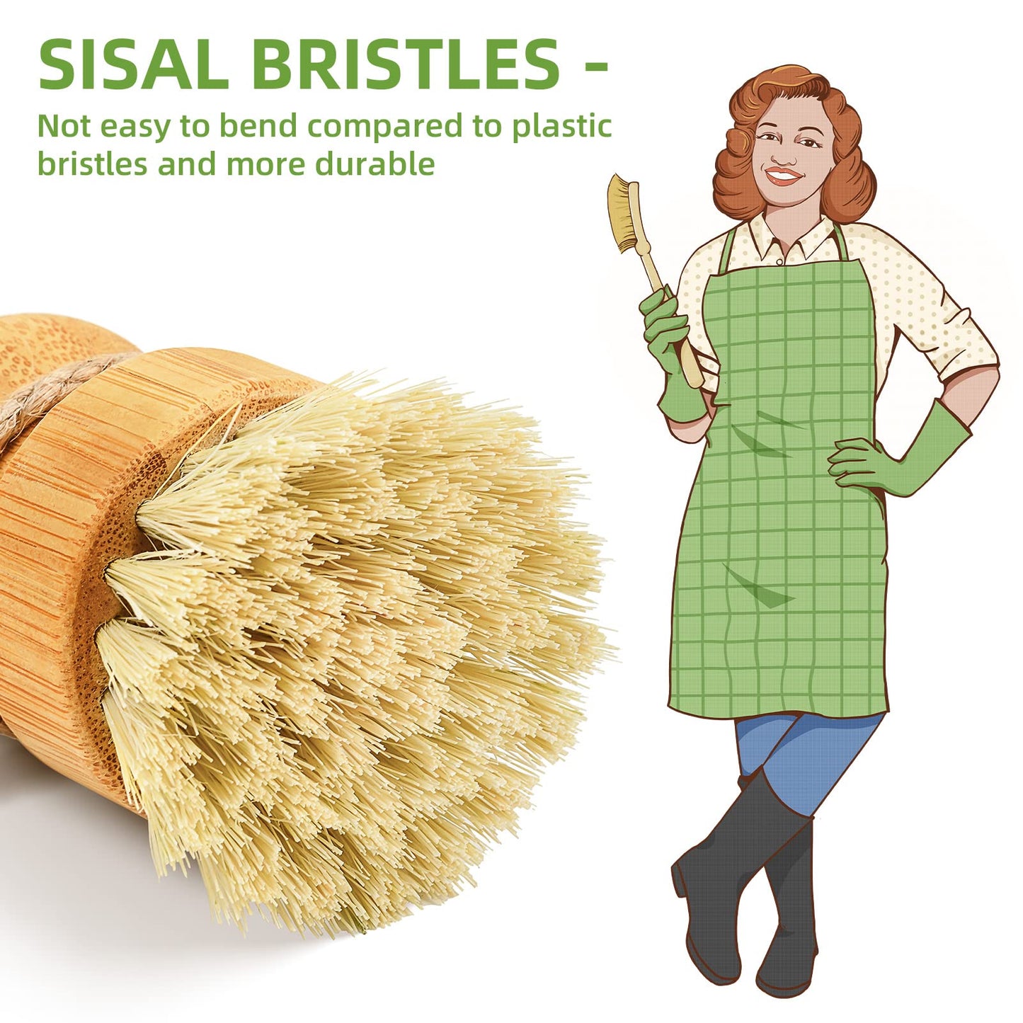 SUBEKYU Bamboo Dish Scrub Brush for Kitchen Sink, Natural Wooden Washing Dish Brush Scrubber with Sisal Bristles for Household Cleaning, Cast Iron Pots, Pans and Vegetables