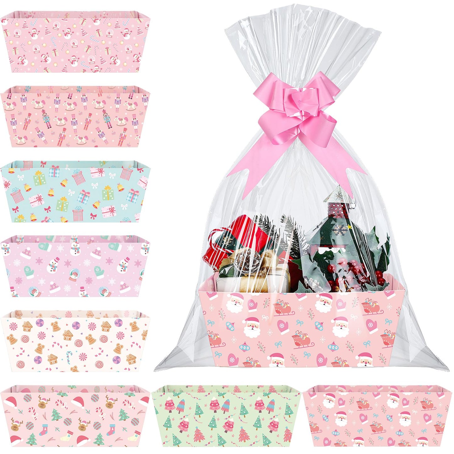 Cholemy 72 Pcs Christmas Gift Baskets Empty to Fill Kit DIY Basket for Gifts Empty Bulk 24 Tray Favor with Handles 24 Bows 24 Clear Basket Bags for Xmas Holiday Birthday (Candy Style)