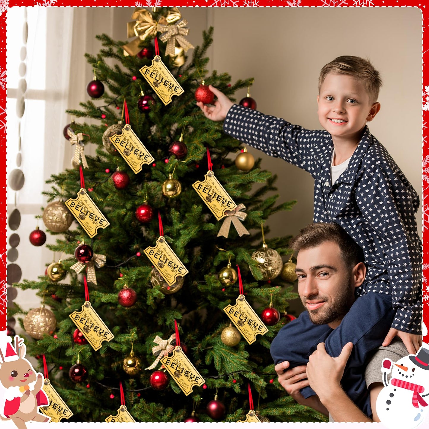 25 Pack Christmas Polar Golden Tickets Bulk Set Include 12 Pcs 4.7" x 2.5" Acrylic Golden Tickets 12 Believe Bells 1 Roll Red Ribbon North Pole Believe Train Ticket Christmas Tree Hanging Ornaments