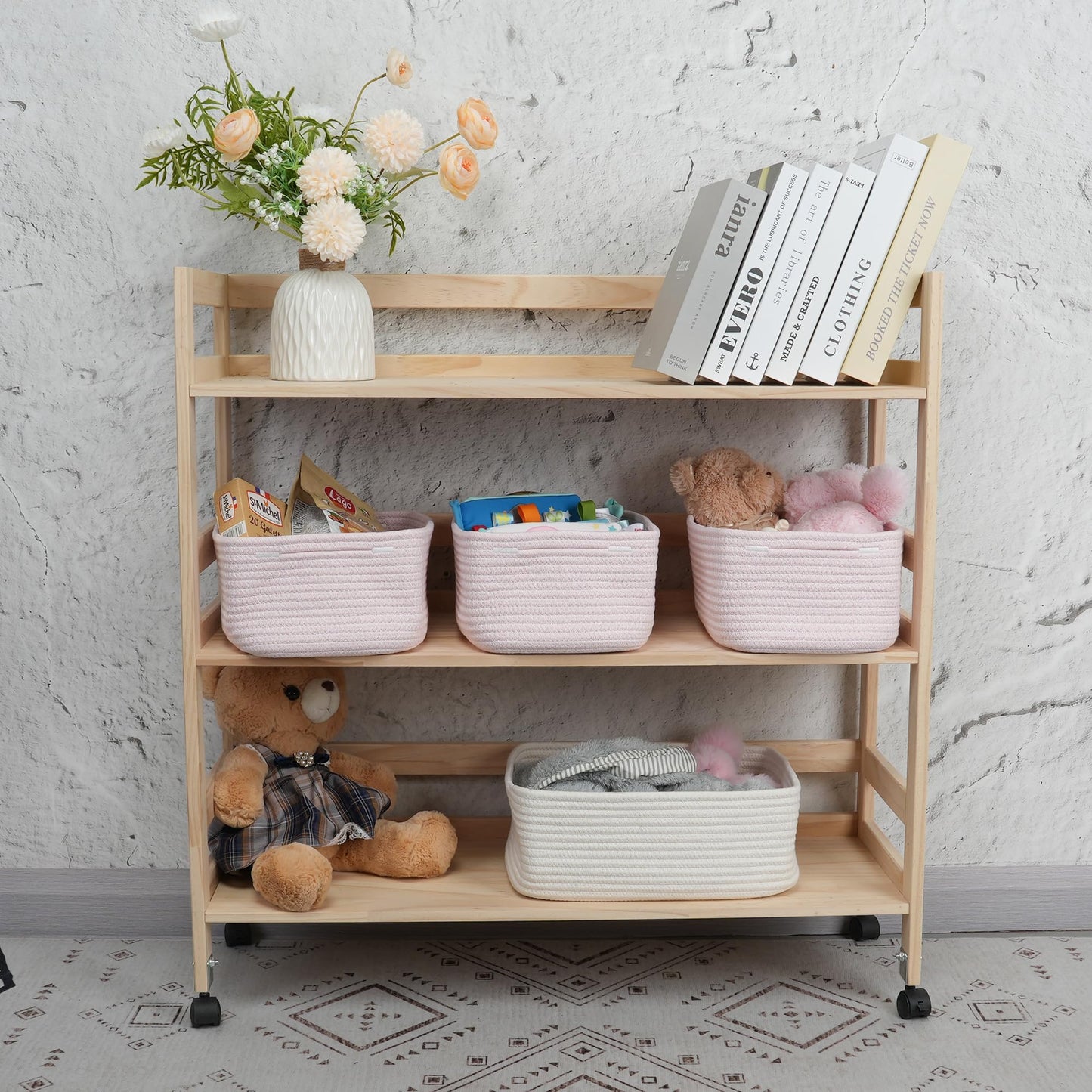 XUANGUO Small Woven Storage Baskets 12“X8”X5“ Decorative Rope Bins for Organizing Shelves, Closets, and Toys, Empty Gift Baskets, Cute Organizer Basket for Home and Office (pink, regular)