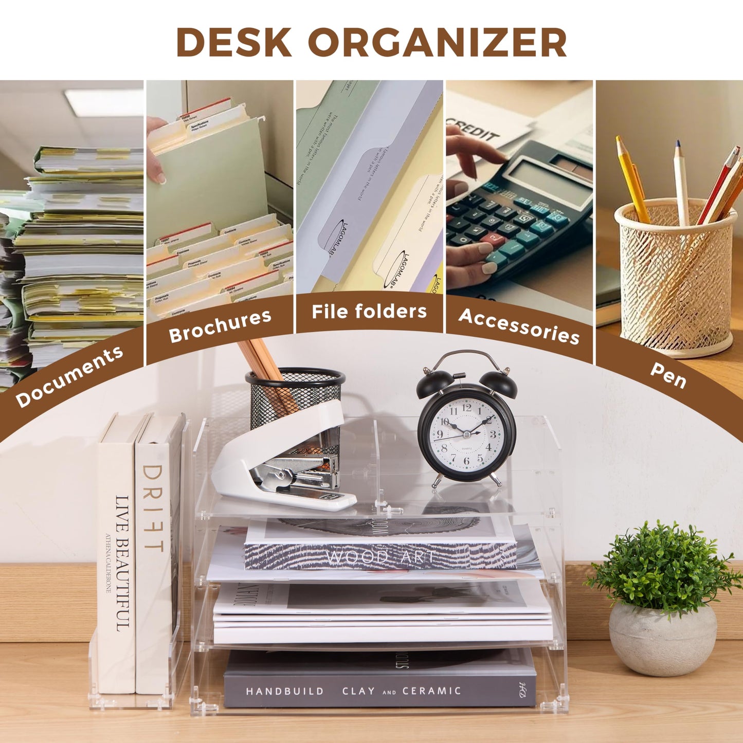ACRYLATO, Acrylic Desk Organizer - 4-Tier Tray with Vertical File Holder for Books, Stationary, Letter, Magazines, Documents, and File Organizer - Durable Space Saving Storage, For Home and Office