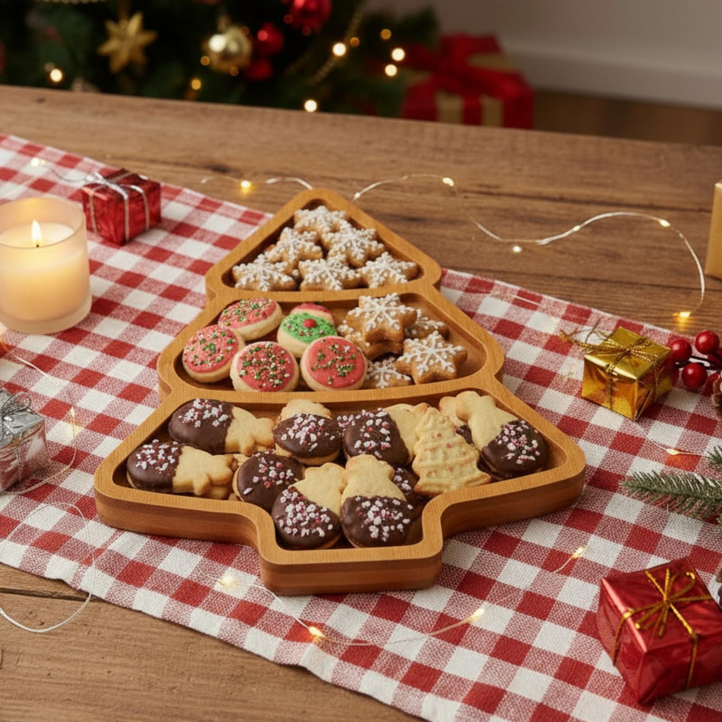 Maxcheck Christmas Tree Serving Tray Platter Charcuterie Board Christmas Wood Serving Dish Cutting Board Rustic Farmhouse 11.42 x 10.43 Inches Table Plate for Cheese Food Fruit Party