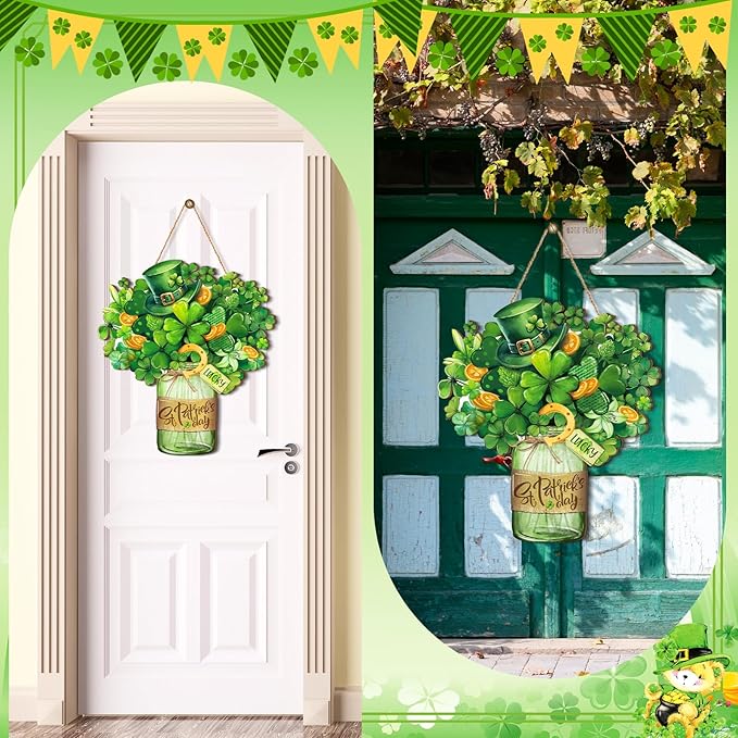 Boao St. Patrick's Day Welcome Sign Wooden Hanging Decor Farmhouse Rustic Door Decoration St. Patrick's Day Wreath Sign with Bow Ornament for Holiday Irish Home Indoor Outdoor Farmhouse Window