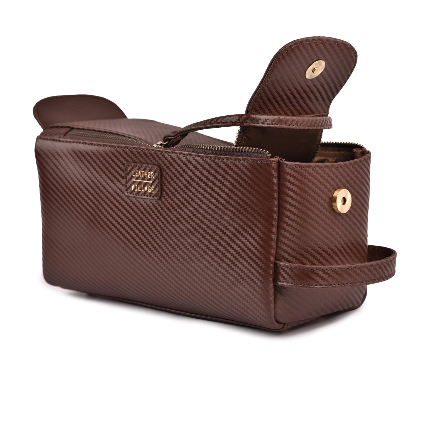 LEATHER VILLAGE Genuine Carbon Fiber Genuine Leather Travel Toiletry Bag - Large Dopp Kit, Water-Resistance Bathroom & Shaving Organizer for Men & Women - Brown