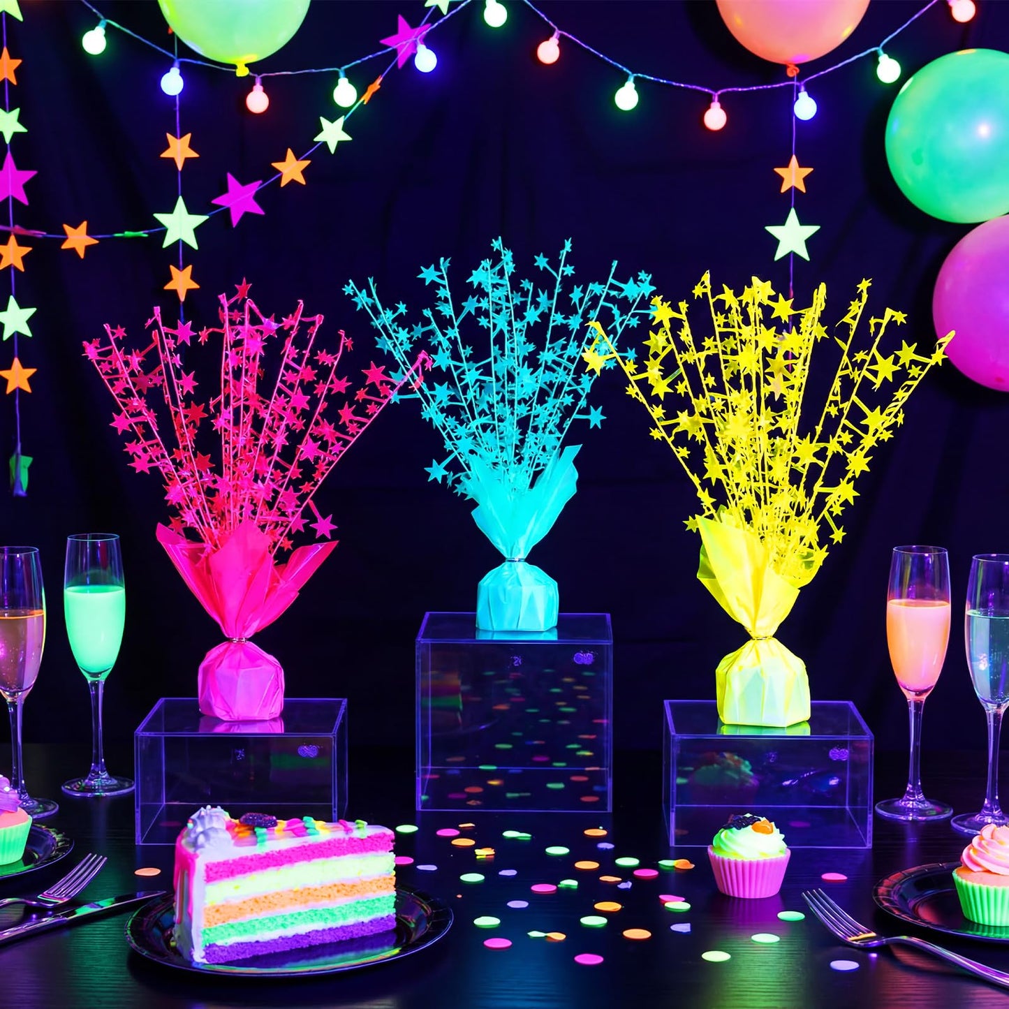 FineCheer 6 Pack Glow in The Dark Centerpieces Neon Birthday Party Decoration Metallic Foil Spray Star Tabletop Fluorescence Party Supply Under UV Light for Graduation Back to Classroom Birthday