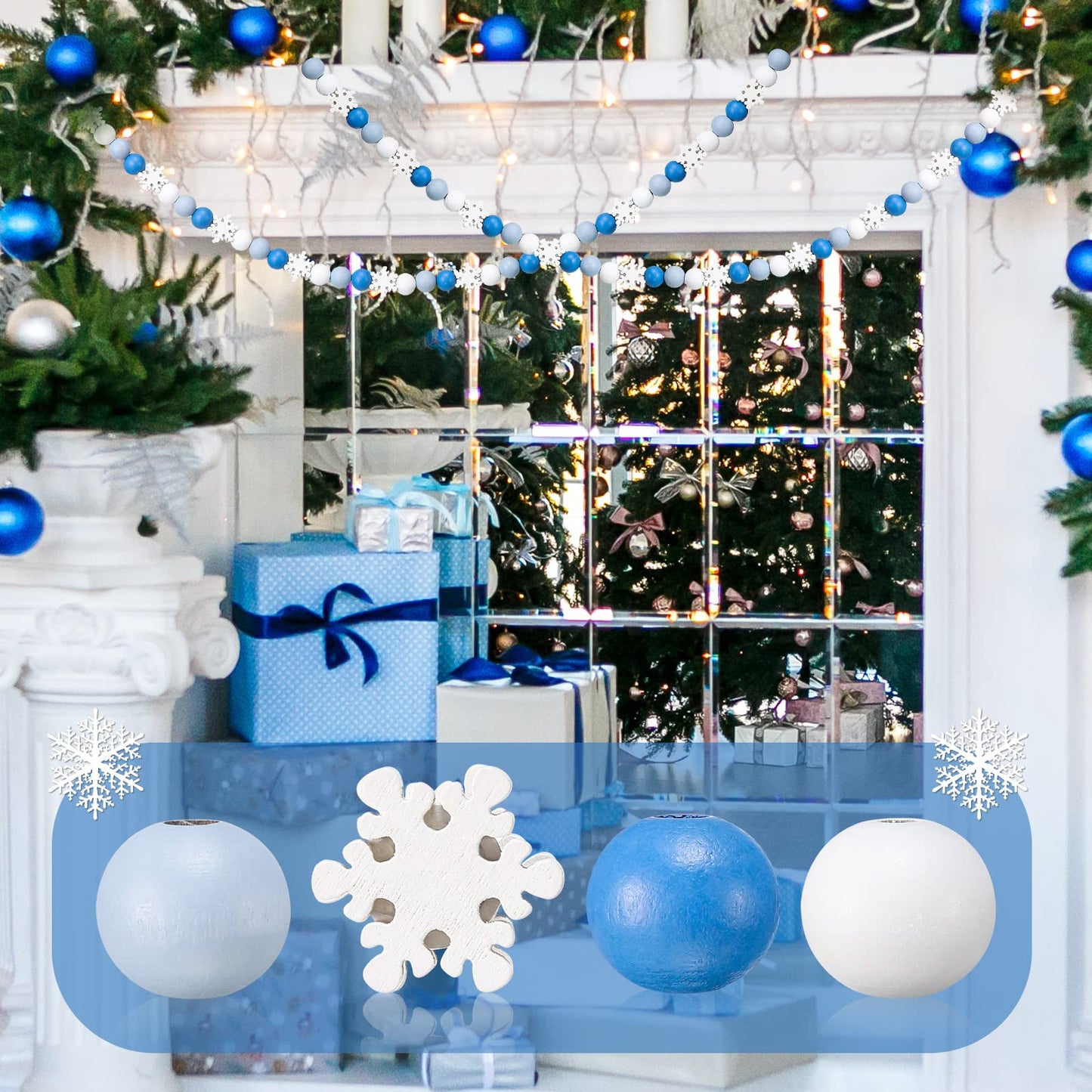 Landhoow 220 Pcs 0.6 Inch Christmas Wooden Beads Winter Snowflakes Craft Beads Blue Natural Wood Round Beads with 65.6 Feet Twine for DIY Making Necklace Bracelet Garland Home Xmas Decor