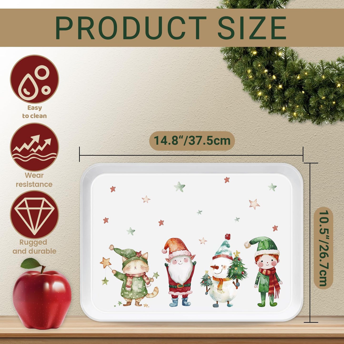 VIYNRAN 4-Piece 15 x 11 Inch Christmas Serving Tray Set, Reusable Melamine Platters with Cute Elf Cartoons, Holiday Party Trays for Snacks, Fruit, Desserts, and Candy, Rectangular Design
