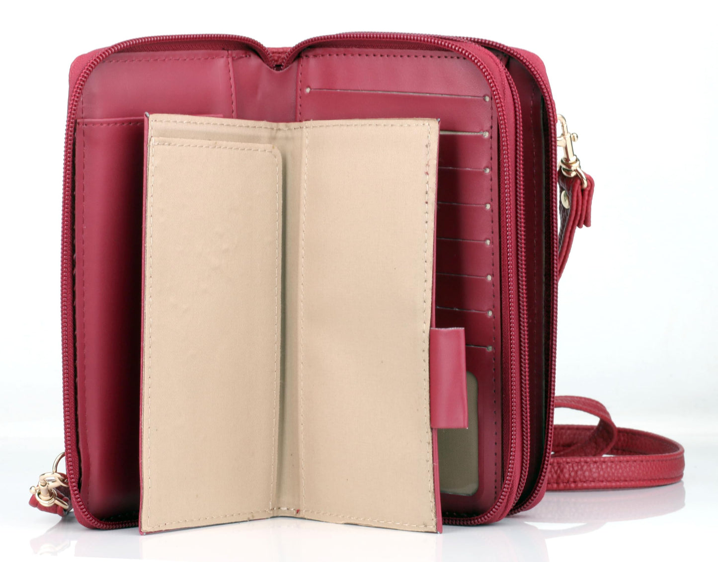 Julia Buxton RFID Blocking Wallet on a String for Women - Compact Crossbody Bag with Removable Wristlet Strap, 15 Card Slots & Multiple Zip Pockets, Red