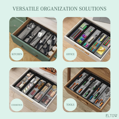 ELTOW Large Expandable Silverware Drawer Organizer, 8 Compartment Non-Slip & Adjustable Silverware Organizer for Drawer, Kitchen Organization for Utensils, Cutlery, Silverware Tray (Black)