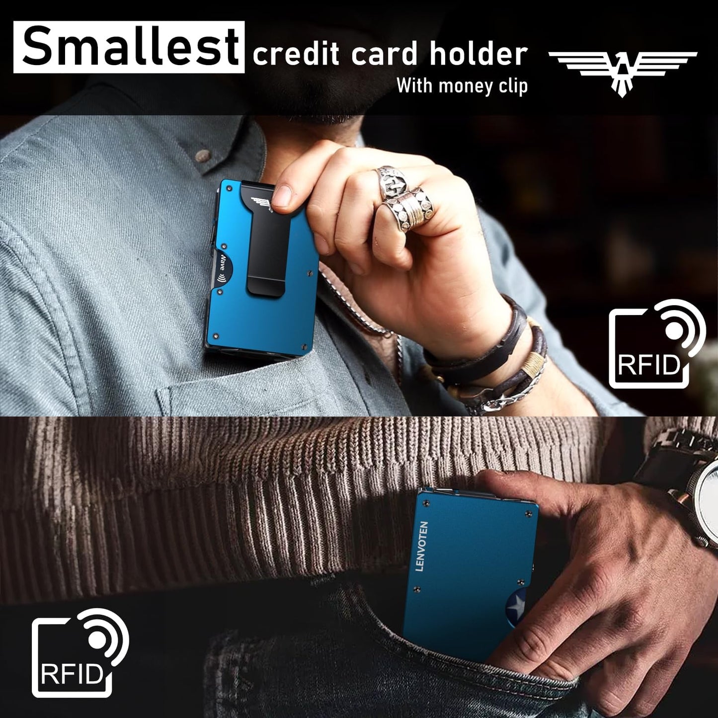 Lenvoten Upgraded Hinged Minimalist Wallet for Men | Slim Metal RFID Blocking Wallet | Credit Card Holder & Money Clip Holds 20 Cards | Premium Scratch-Resistant Finish | Ideal Gift for Men