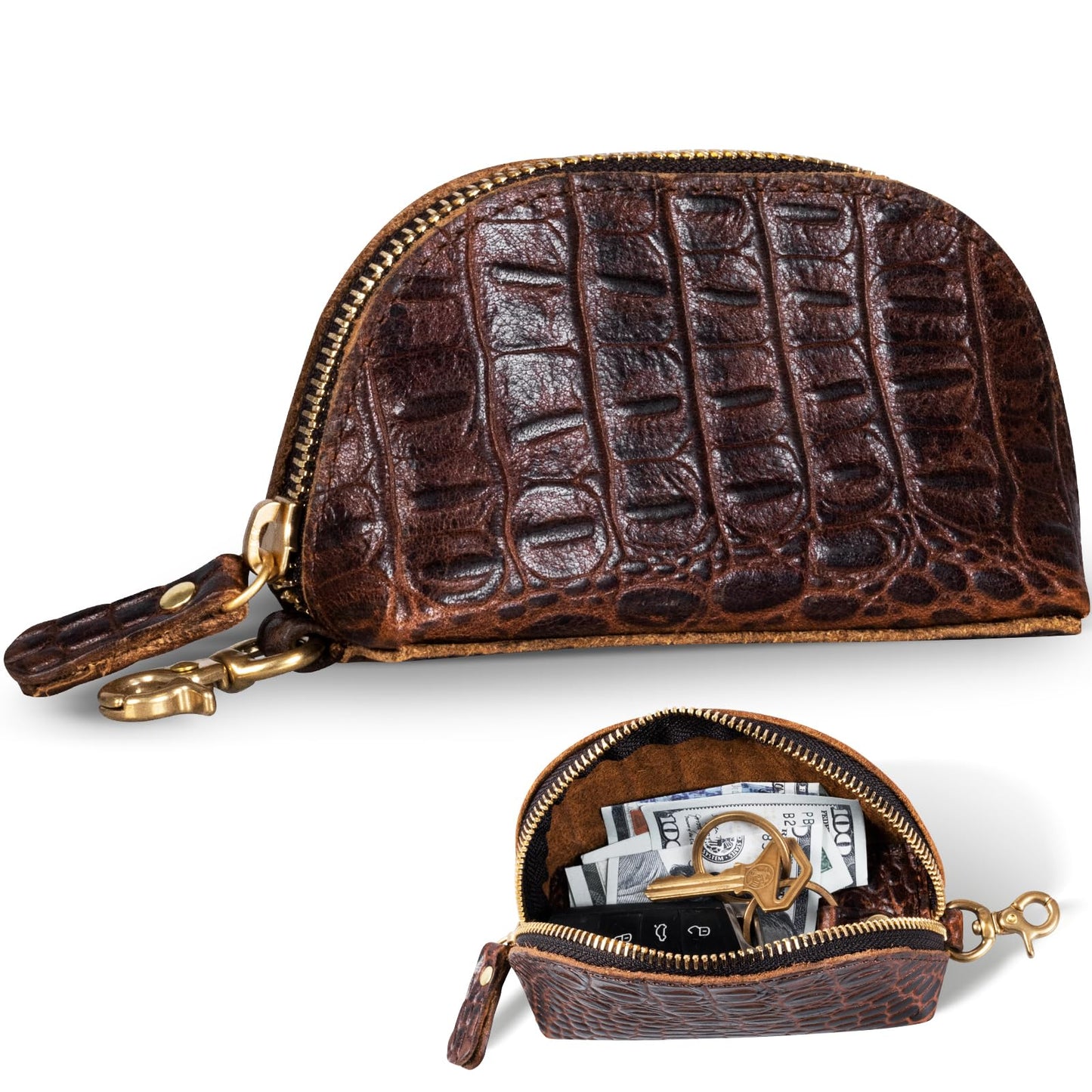 Gexmil Genuine Leather Coin Purse with Zipper, Full Grain Leather, Mini Coin Pouch for Women Men, Change Wallet,Crocodile Brown