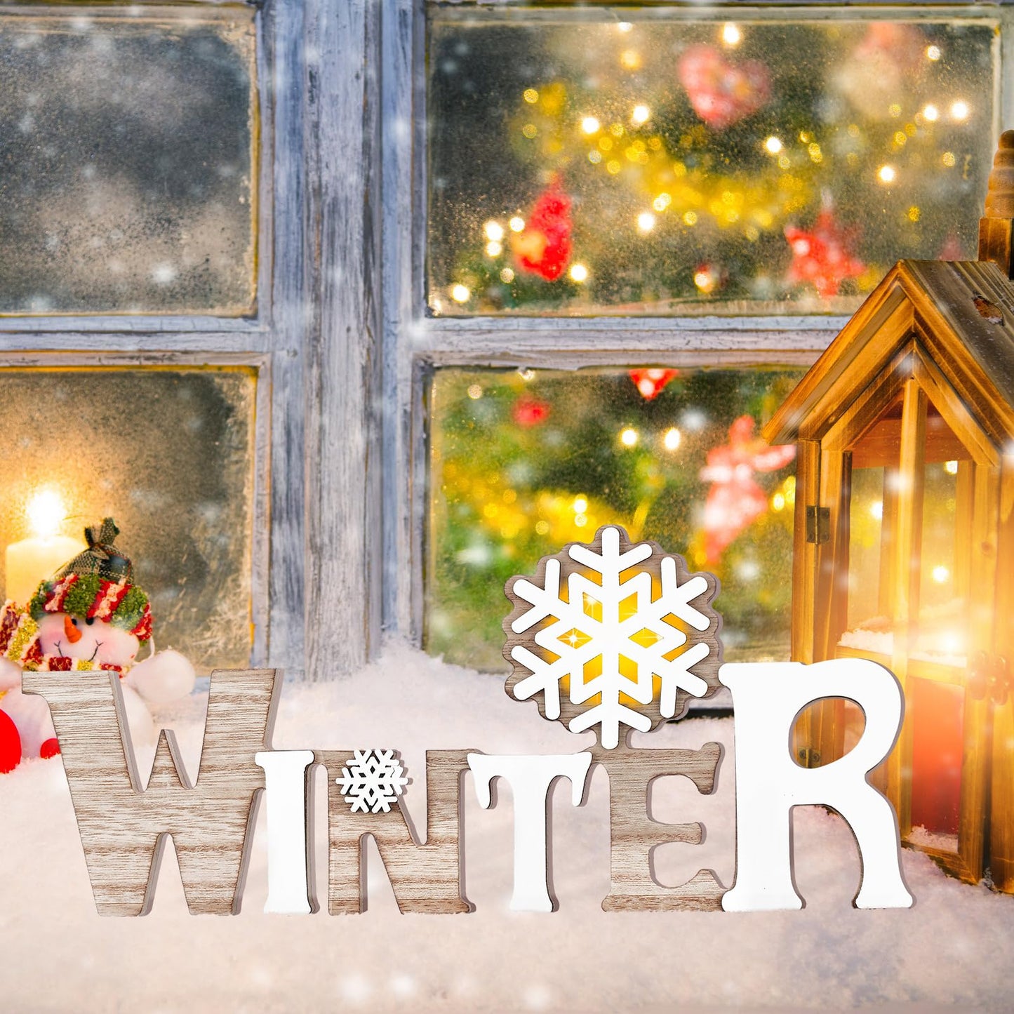 Geetery White Winter LED Wooden Sign Rustic Wooden Words Sign Tabletop Centerpiece Decor Snowflake Decorations for Winter Christmas Table Home Indoor Party