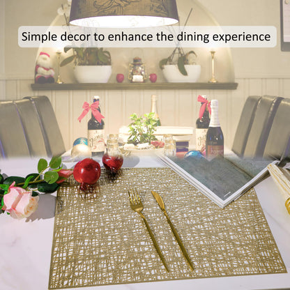 Snowkingdom Gold Placemats Set of 4, Golden Vinyl Rectangle Metallic Wipeable Place mats, Washable Easy Clean Non Slip Stain Resistant Hollow Kitchen Dining Table Mats for Wedding Party Decoration