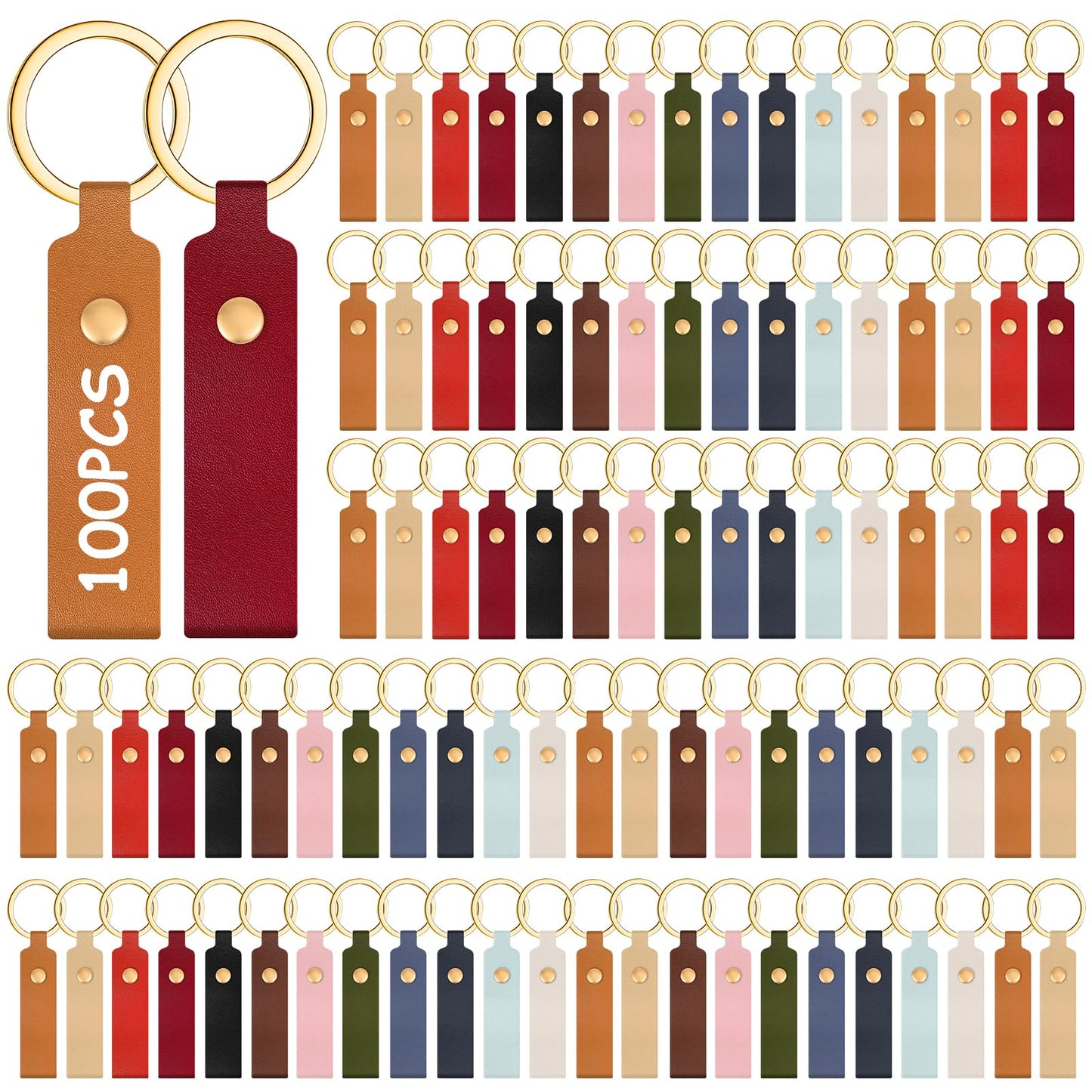 YQQYG 100 Pcs Leather Keychain Blanks Bulk for DIY Crafting, PU Leather Keychains with Metal Rings & Rivets for Engraving, Multicolor Key Chains Bulk
