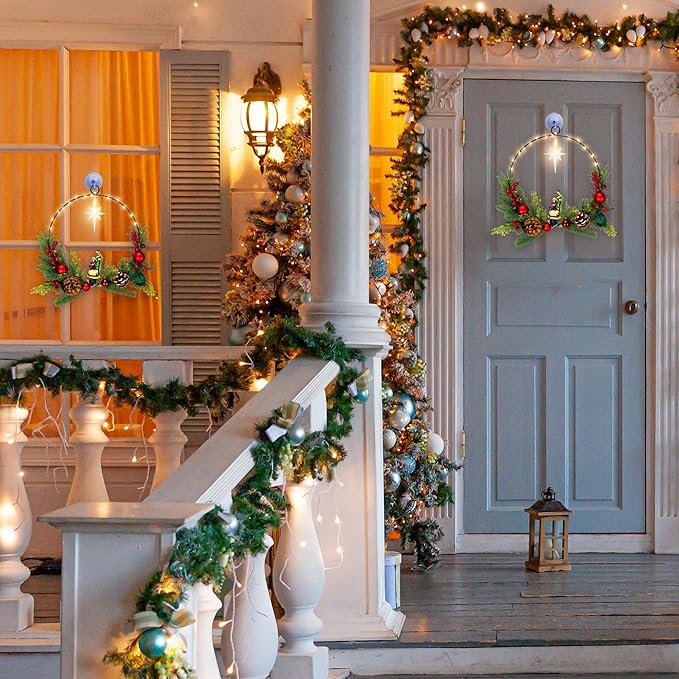 2Pack Nativity Wreaths for Front Door with Lights & Remote, Holy Family Nativity Statue & Star of Bethlehem Christmas Decor, 16'' Windows Wreaths, Fireplace Decorations