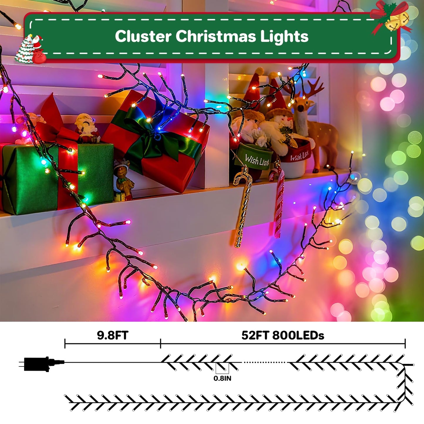 Christmas Cluster Lights Plug-in -52FT 800 LED Firecrackers String Lights,8 Modes Timer Waterproof Twinkle Fairy Lights for Christmas Tree Garland Party(Multicolor)