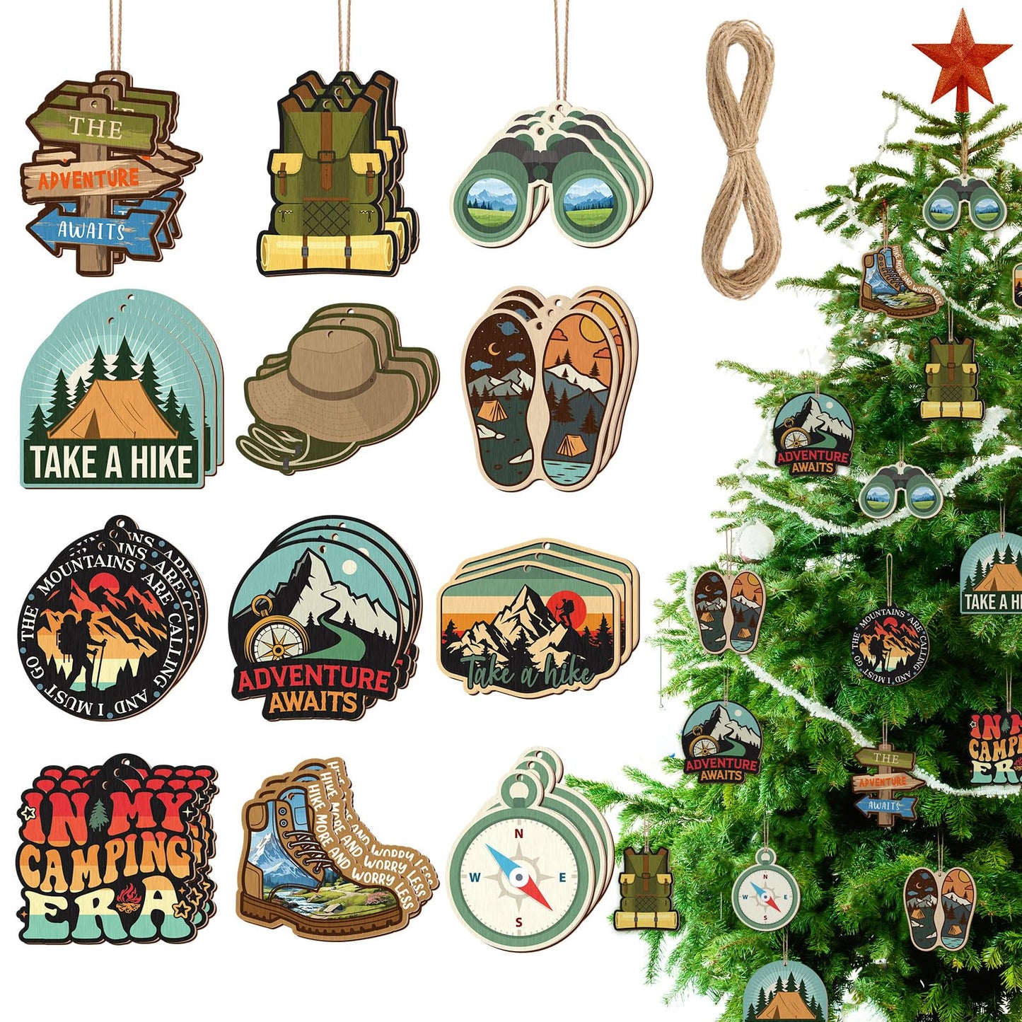 Vercraft 36 Pcs Hiking Ornaments for Christmas Tree - Double-Sided Printing Wooden Outdoorsy Nature Mountain Adventure Backpacking Gifts 2025 for Hikers Campers Men Women