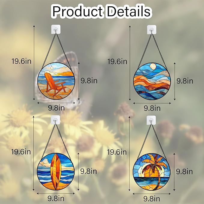 Stained Glass Window Hanging 4 Pcs Set Blue Orange Ocean Beach Theme 9.8" - Suncatcher Door Garden Sun Catcher Decor Birthday Christmas for Mom Woman Nana Men Wife