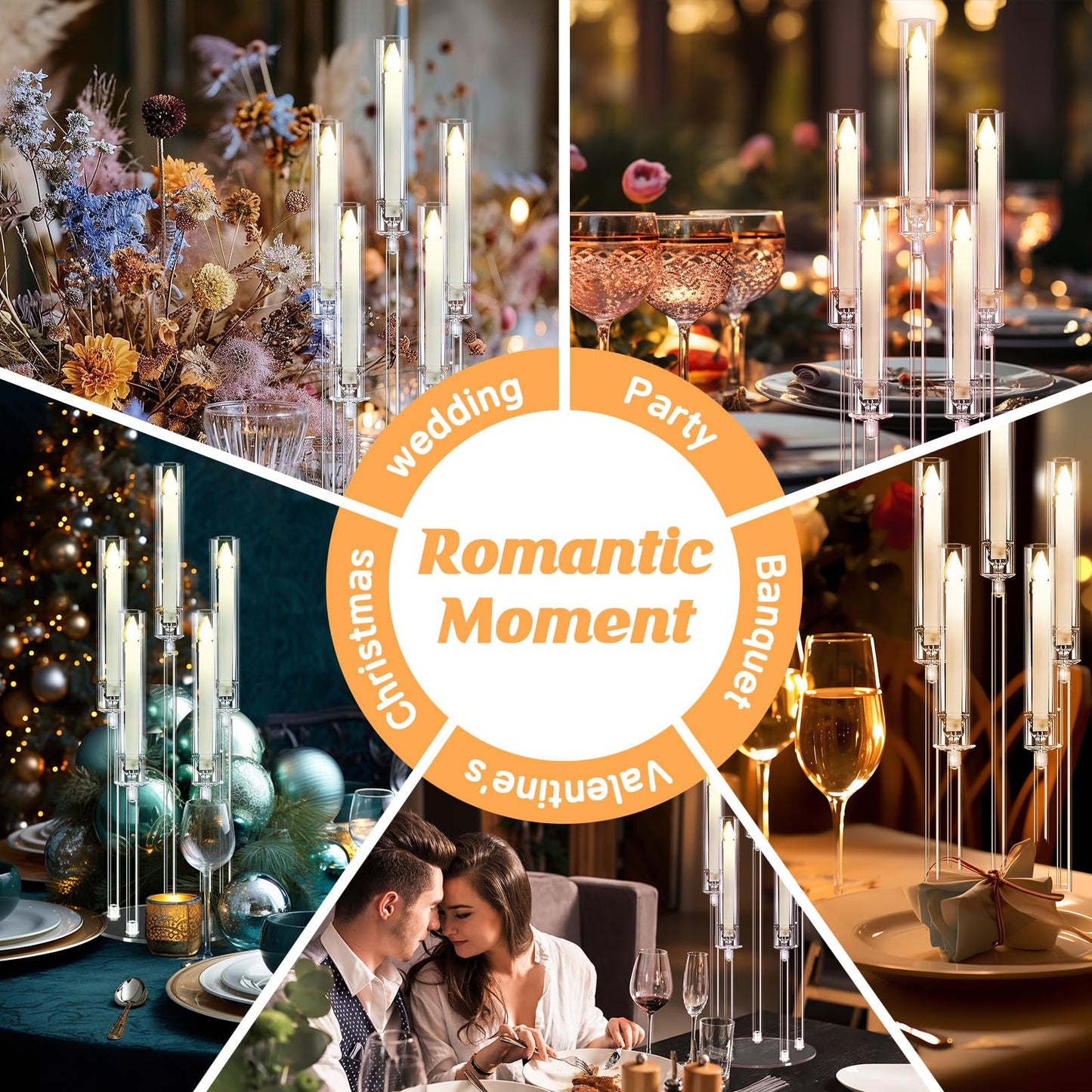 6 Set 26.8'' Tall Acrylic Candelabra Centerpieces for Wedding Table Decorations,Clear 5 Arms Candlesticks Holder with Acrylic Shade for Candlelight Dinner Party Fireplace Gift Fit LED Candle