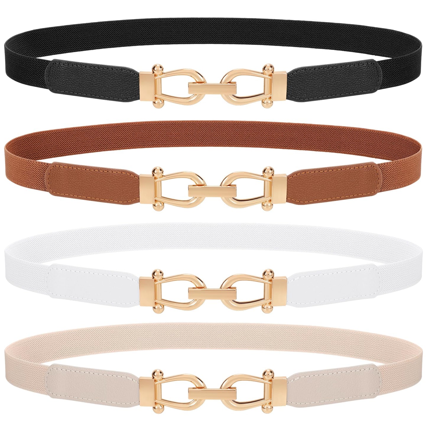 TRIWORKS 4 Pack Skinny Elastic Belts for Women Gold Buckle Thin Stretchy Waist Belts for Dresses