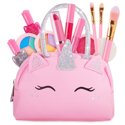 Kids Real Makeup Kit for Girls with Pink Unicorn Purse, Non Toxic Washable Make Up - Unicorn Toys for Toddler & Birthday Gifts for Girl Ages 3 4 5 6 7 8 9 10 Years Old - Pretend Play Vanity Set
