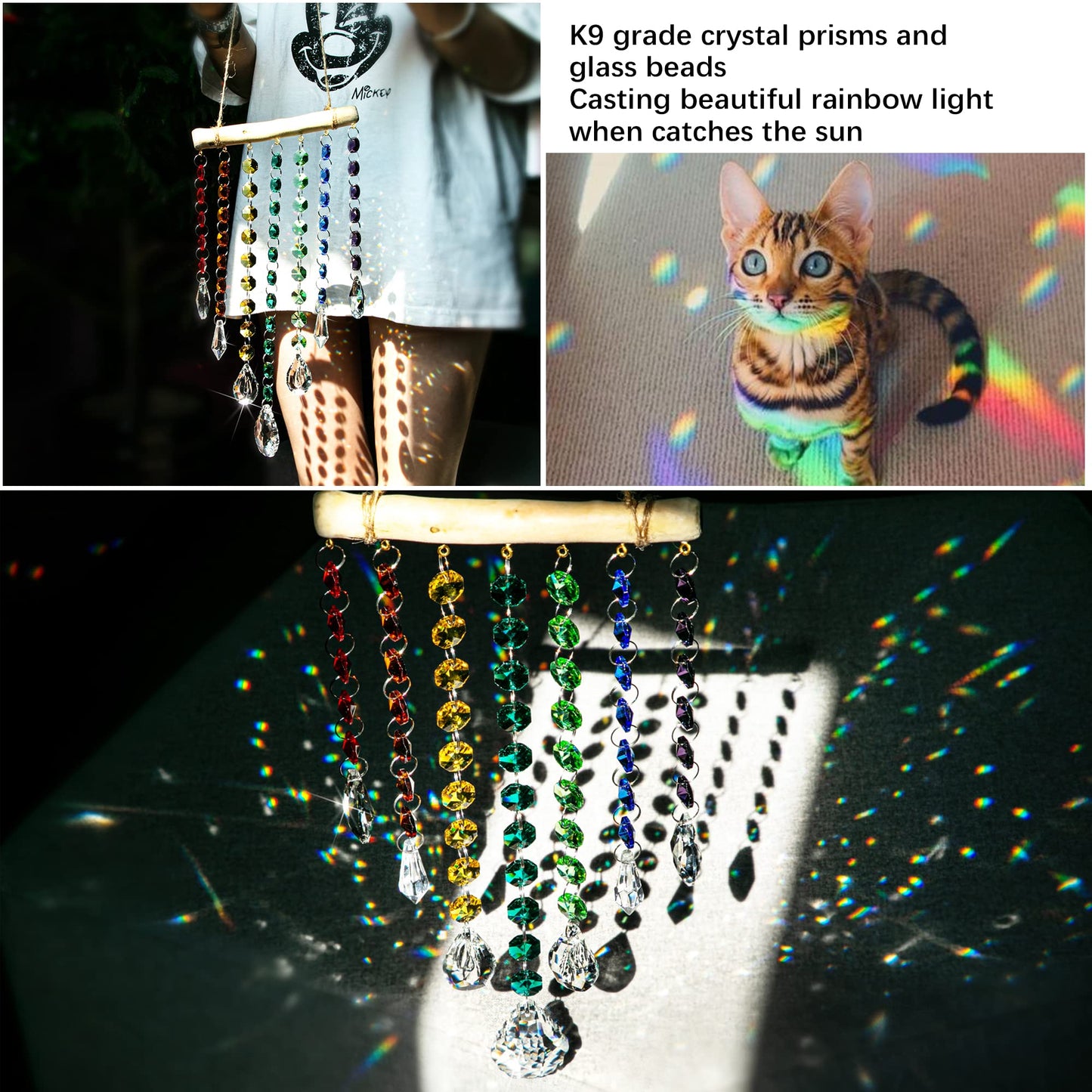 12inch Hanging Crystal Prism Suncatcher Window Garden Decoration Ornament for Christmas Tree Rainbow Glass Beads Chain Pendant Crystal Wind Chimes
