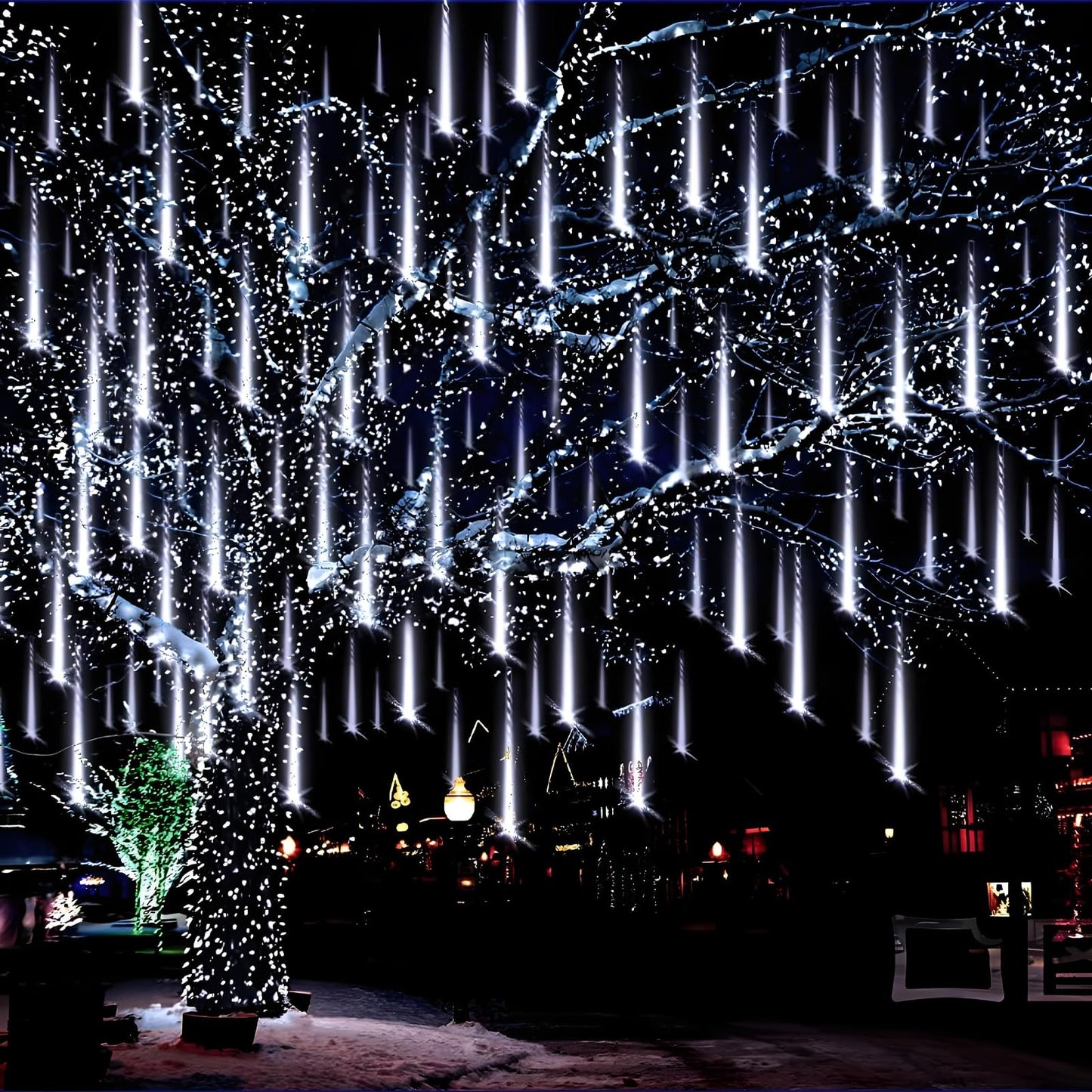 Aukora Christmas Lights Outdoor Meteor Shower Falling Rain Lights 12 inch 8 Tubes 192LED Snowfall Cascading Icicle String Light for Xmas Tree Decor Wedding Party Holiday Window Garden, UL Plug, White