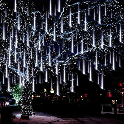Aukora Christmas Lights Outdoor Meteor Shower Falling Rain Lights 12 inch 8 Tubes 192LED Snowfall Cascading Icicle String Light for Xmas Tree Decor Wedding Party Holiday Window Garden, UL Plug, White