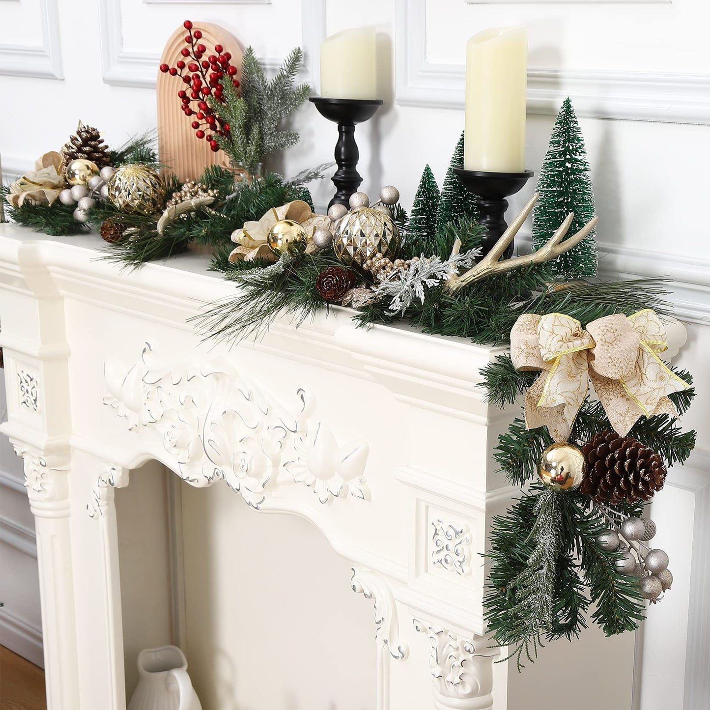 Adeeing Christmas Garland with Lights, Champagne Gold 6FT 20LED Pre-Lit Christmas Garland with Ball Ornaments, Ribbons, Pine Cones and Artificial Antlers for Door Mantle Stairs Christmas Decoration