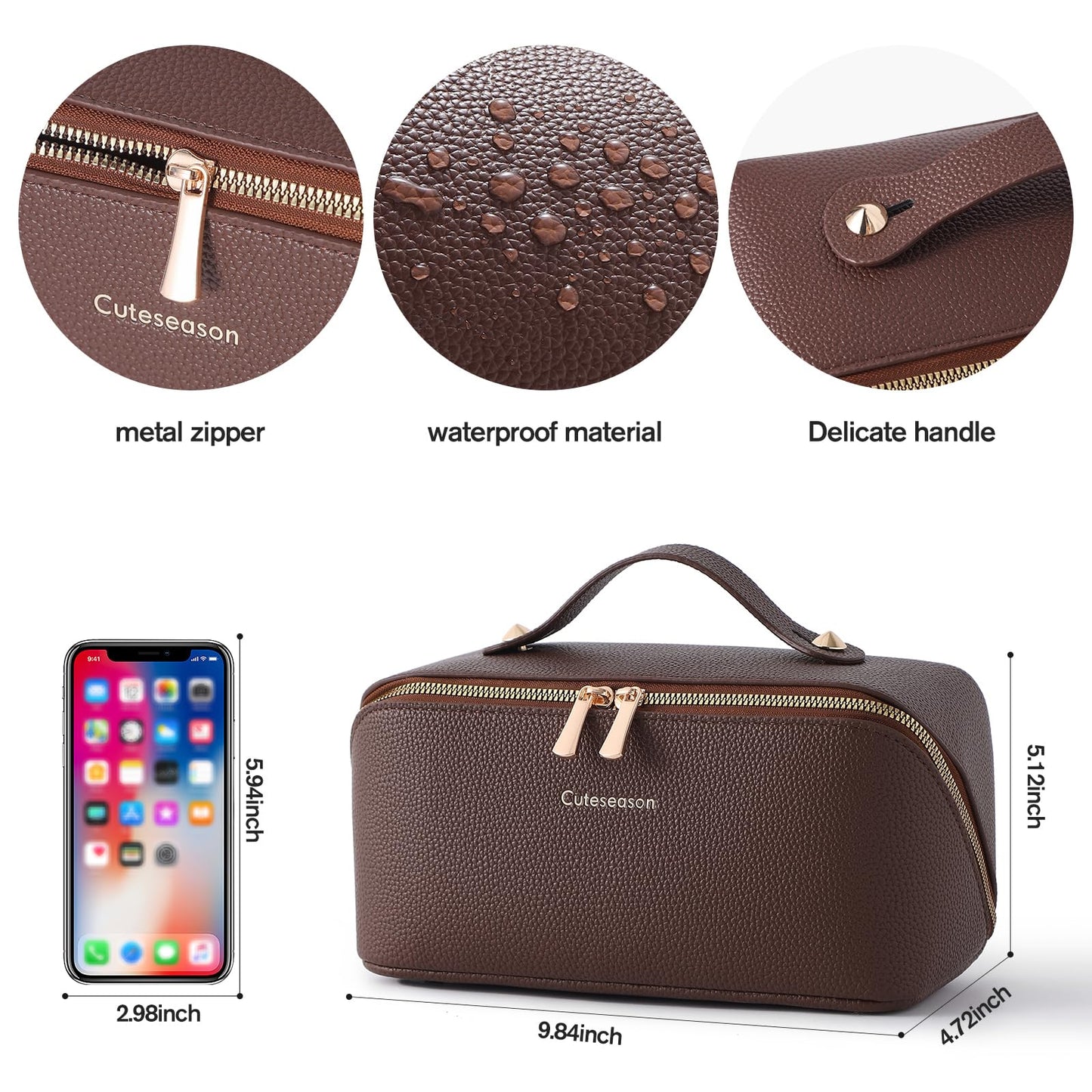 Cuteseason PU Leather Makeup Bag for Women, Structured Makeup Case with Wide Opening, Travel Cosmetic Bag with Compartments and Handle, Water-Resistant Makeup Organizer(Khaki, Lychee Grain)