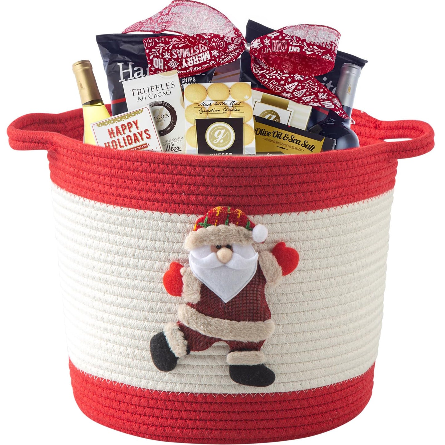HomeyPine Christmas Basket with Santa Claus Doll, Woven Cotton Rope Christmas Storage Basket with Handles, Christmas Toy Baskets for Baby Towels, Diapers, Pet Toy Storage Basket, Red