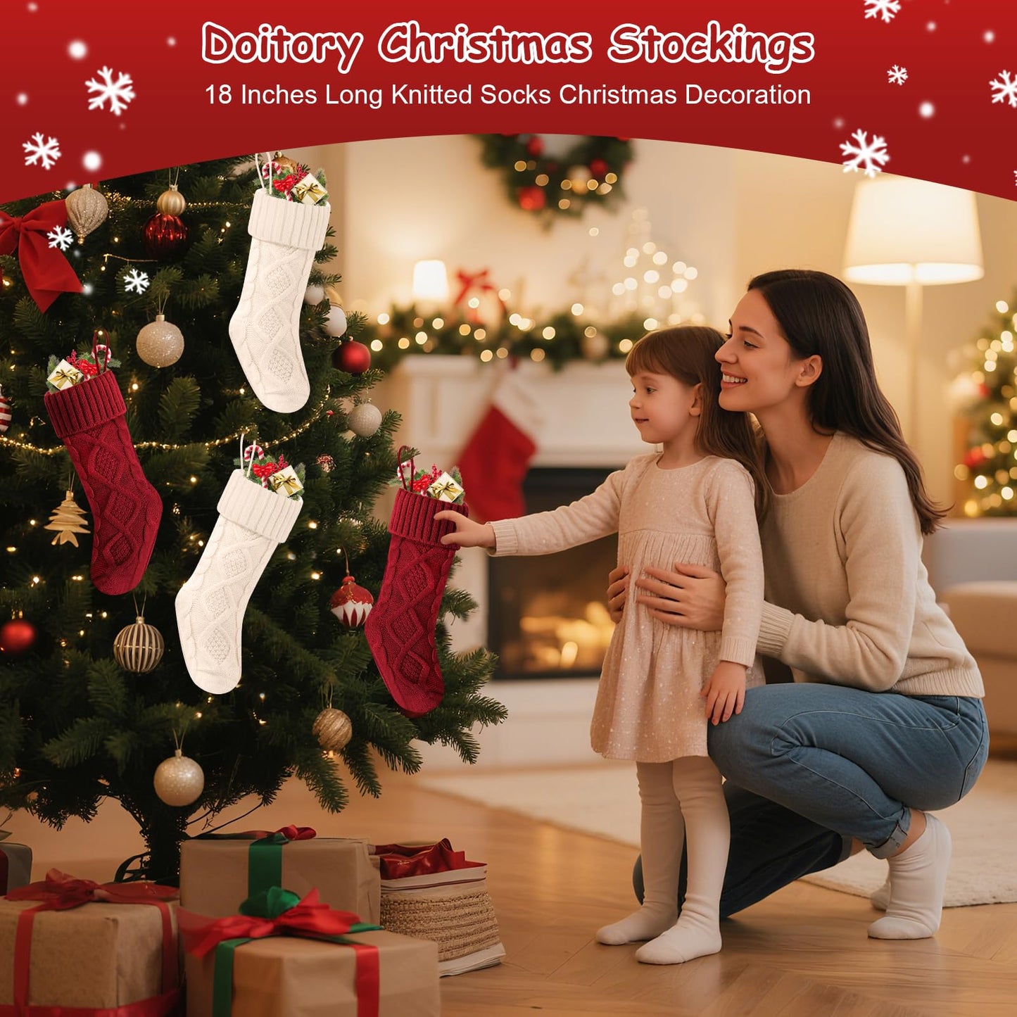 Doitory Christmas Stockings 18 Inches,Long Knitted Socks Christmas Decoration Hanging Stocking Fireplace Xmas Tree Stocking for Home Family（2red+2white）