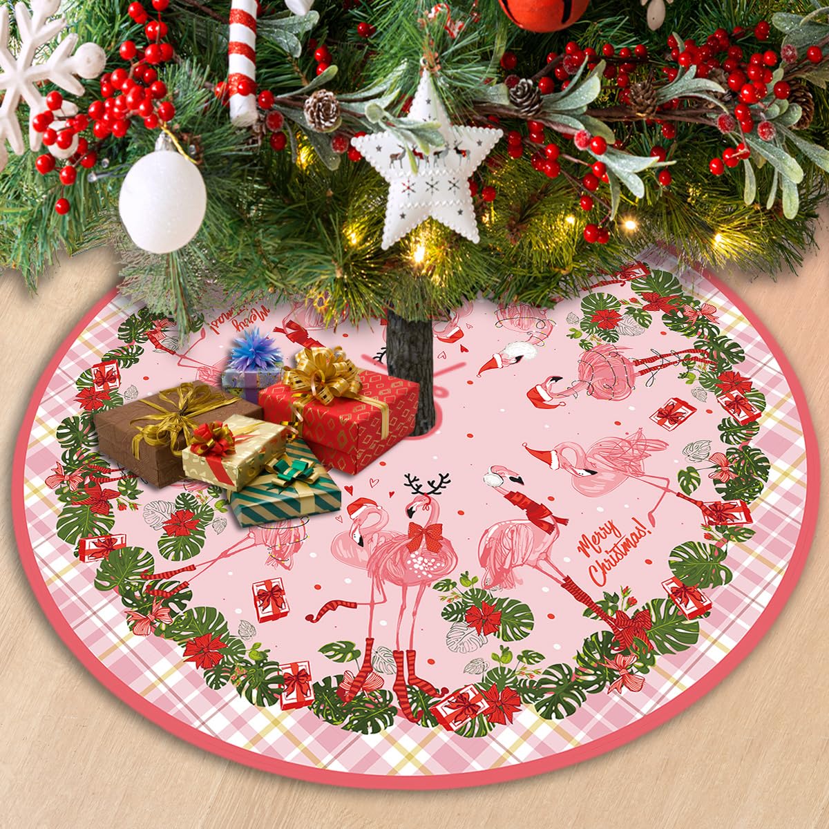 Flamingo Christmas Tree Skirt 48 Inch Beach Christmas Tree Collar Tropical Coastal Hawaliian Christmas Tree Decor Flamingo New Year Xmas Decor Christmas Decorations for Home Party