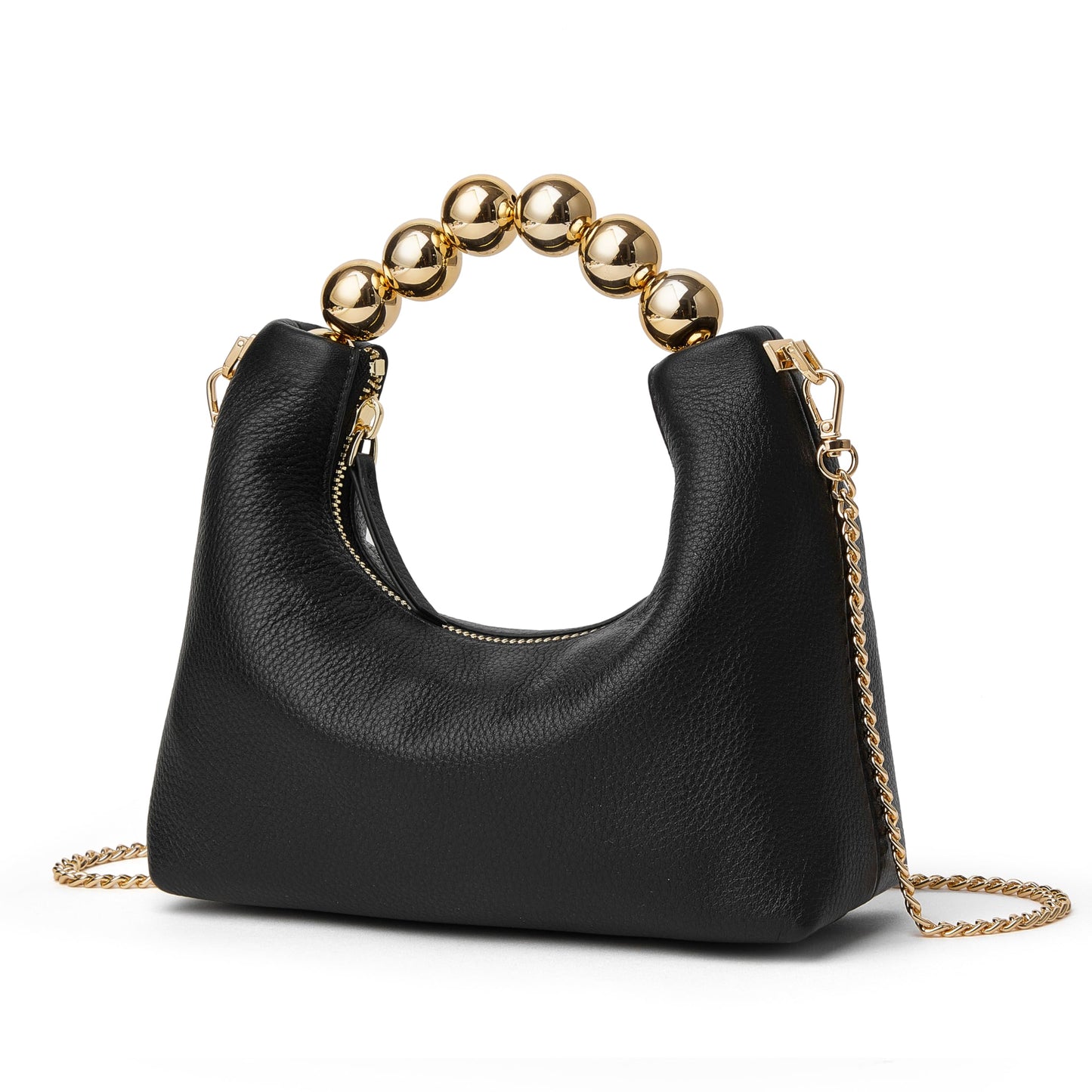 DORIS&JACKY Small Top Handle Clutch Purse for Women, Designer Leather Evening Crossbody Bag with Metal Ball Tote Handle And Leather Chain Strap (Black)
