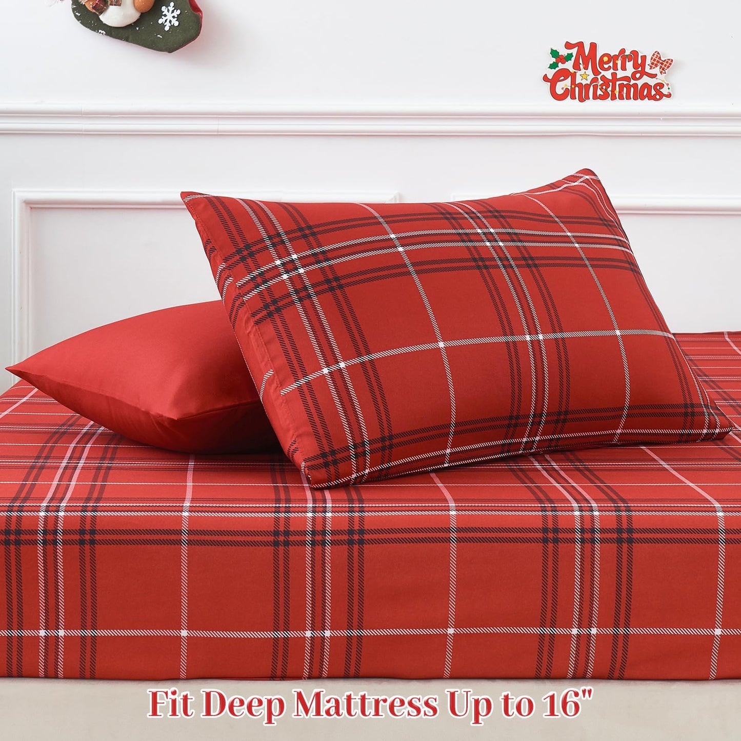 YIYEA Christmas Comforter Set, 7 Pieces Bed in a Bag, Christmas Bedding Sets with Comforter, Flat Sheet, Fitted Sheet, 2 Embroidered Pillowcases, and 2 Printed Pillowcases, Queen