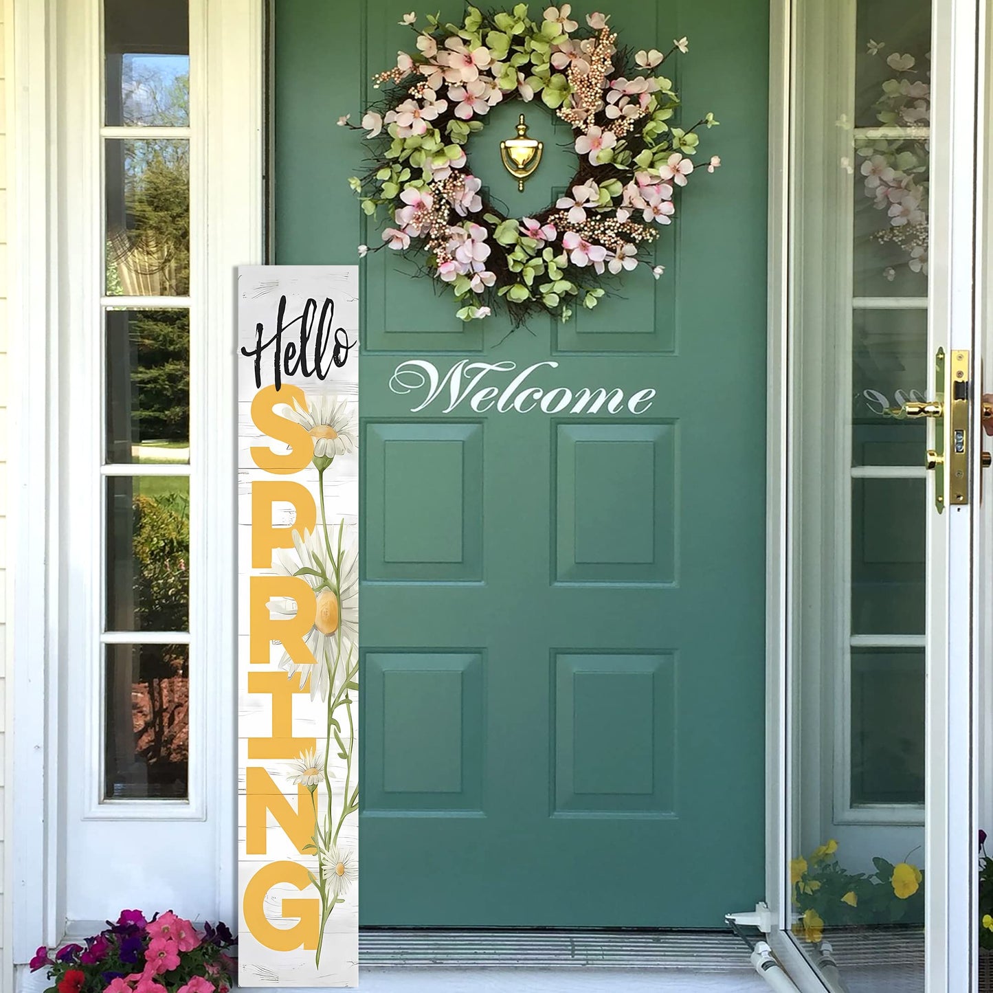 Hello Spring Wooden Porch Sign 47" Spring Large Welcome Porch Sign for Home Front Door Yard Season Decor