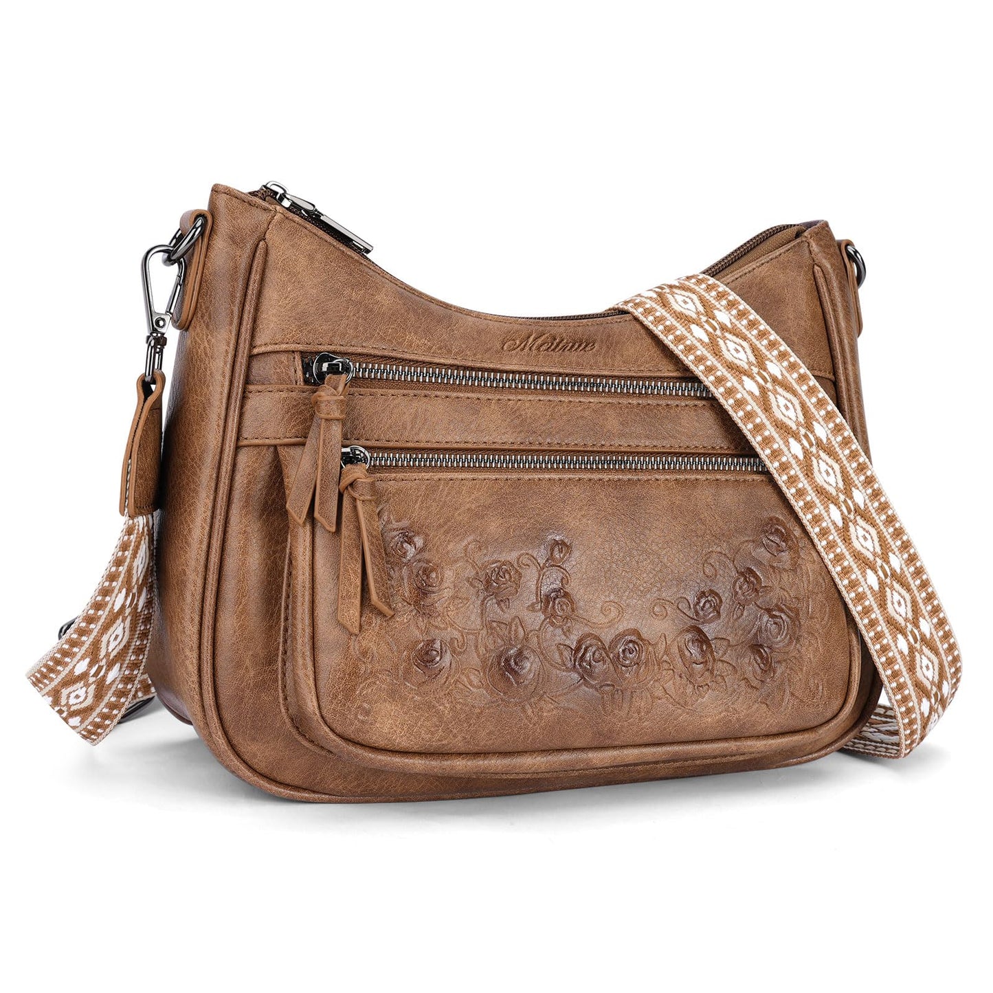 MEITRUE Crossbody Bags for Women Vegan Leather Medium Hobo Purse Women's Hobo Bag Shoulder Handbag with Rose Embossed Design Detachable Wide Strap