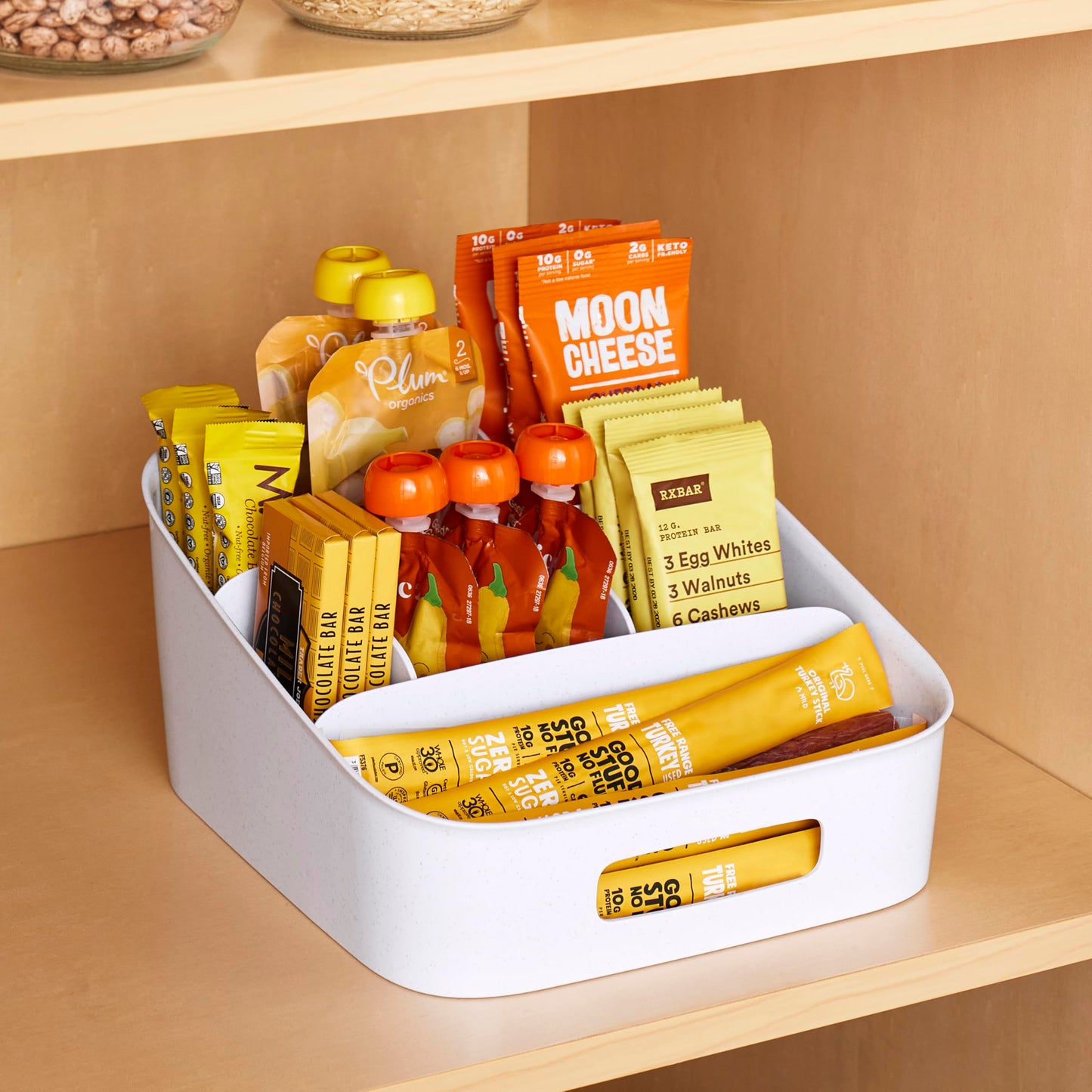 YouCopia ShelfBin Packet Organizer, 4-Tier Stairstep Raised Divided Bin, BPA-Free Storage Caddy for Kitchen Pantry and Cabinet Organization, Tea Bags, Medicine, and More