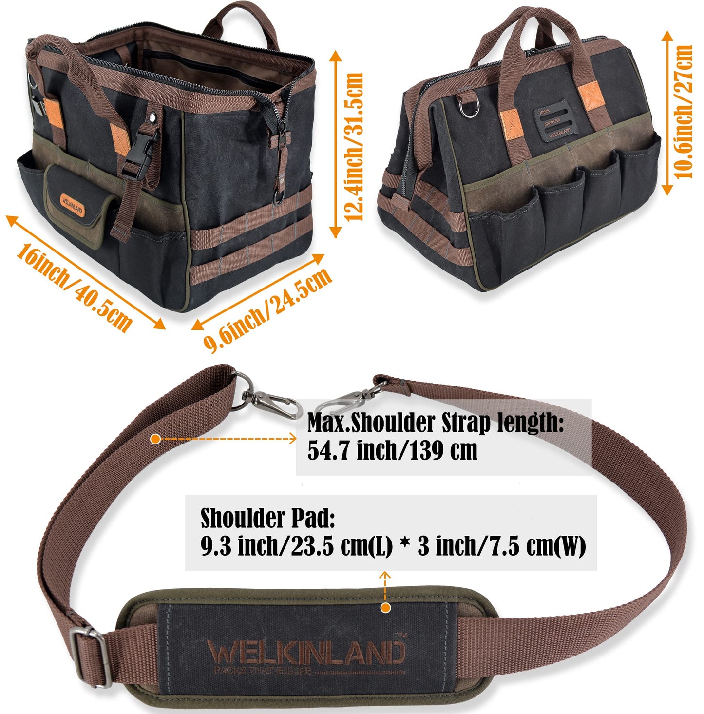 WELKINLAND 32-Pockets Waxed Canvas tool bag, Heavy-Duty Electrician tools bag, HVAC tool bags, Tool bag organizer, 16" Tools bag carrier for men, Tool bags for electricians