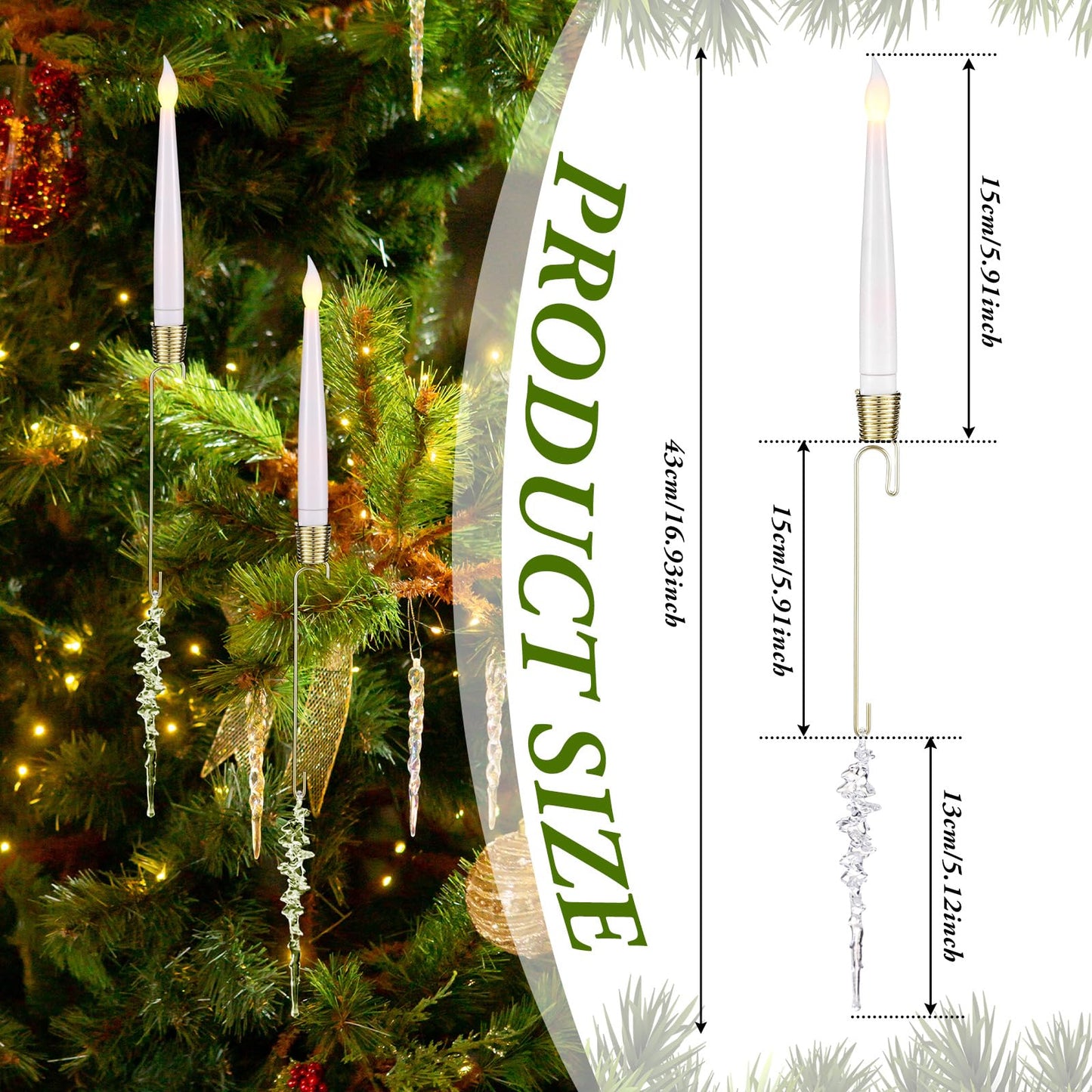 Tujoe 6 Pack Flameless Christmas Tree Candles with Remote Crystal Icicle Hook Hanging Candle Lights for Christmas Tree Battery Operated LED Taper Candlesticks with Timer for Home Xmas Party Decor Gift