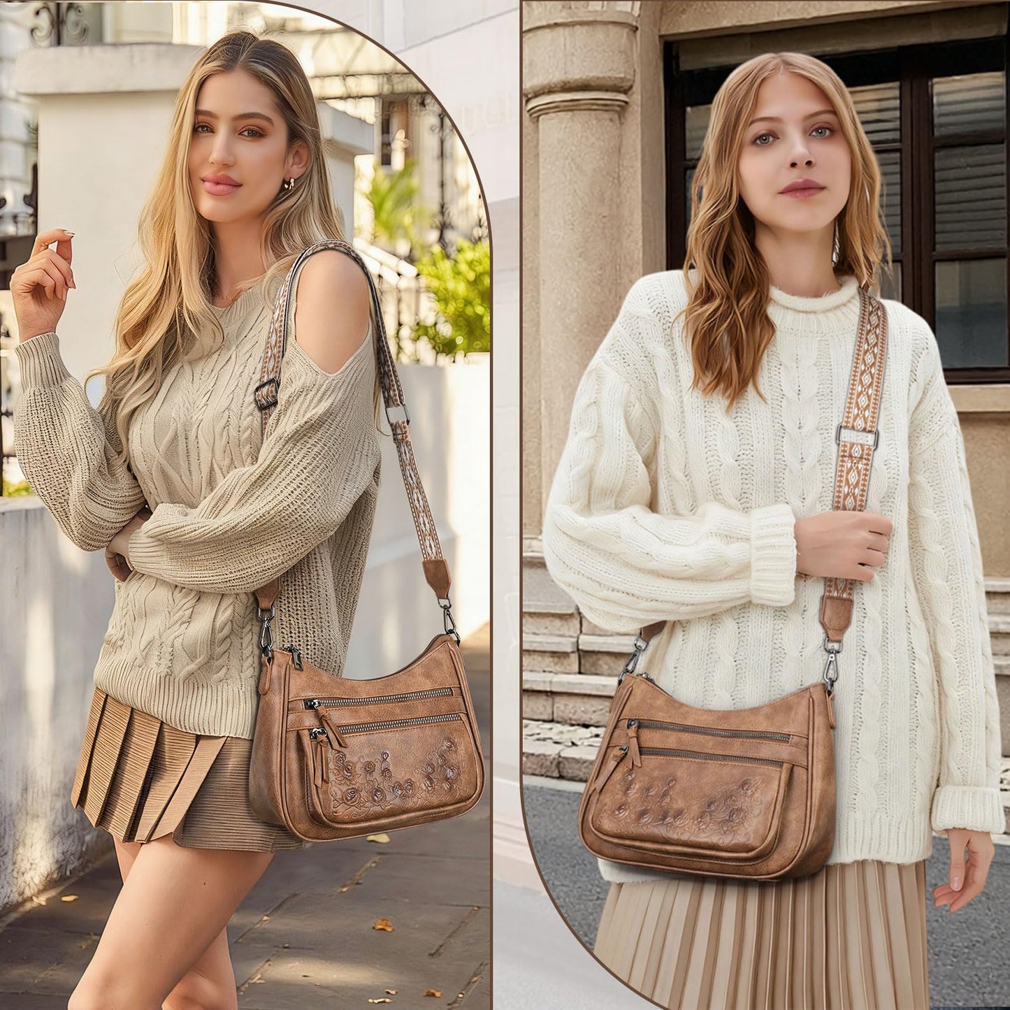 MEITRUE Crossbody Bags for Women Vegan Leather Medium Hobo Purse Women's Hobo Bag Shoulder Handbag with Rose Embossed Design Detachable Wide Strap