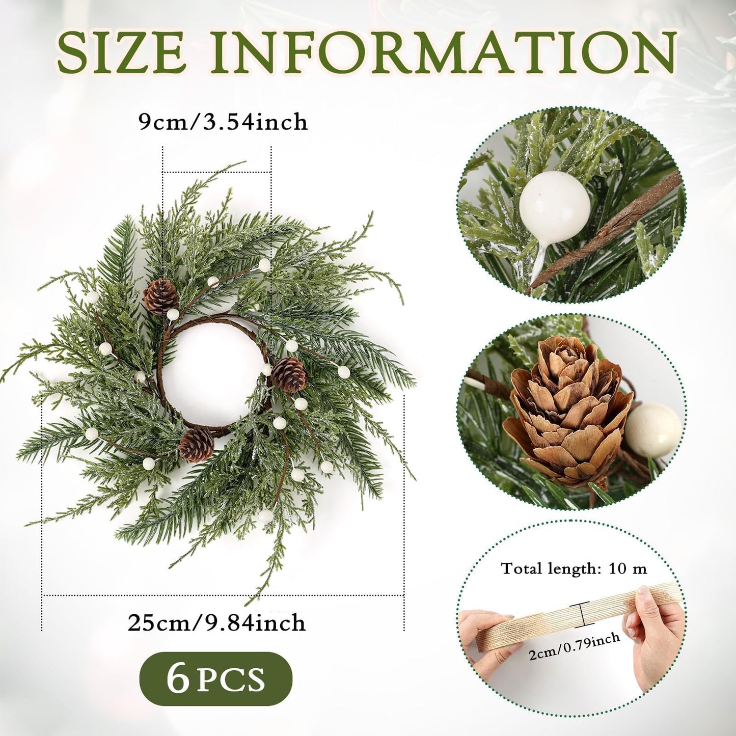 6 PCS Christmas Wreath Christmas Kitchen Cabinet Wreaths with Burlap Ribbon Mini Wreath Pine Garland Frosted Cedar Pine Cone Hanging Garlands Candle Rings for Front Door Window Chair Wall