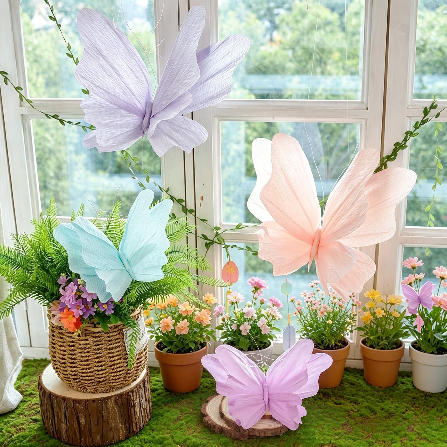 OBBOLO 3D Hanging Butterfly Decorations, Butterfly Birthday Party Decorations, 4 Pcs Crepe Paper Butterfly Hanging Decorations for Girls, Women, Flower Garden Party Decorations