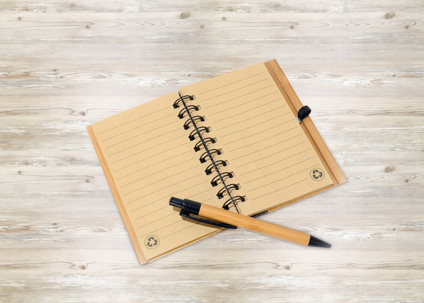 Bamboo Covered Notebook, Spiral Hardcover, Bamboo Ballpoint Pen, Diary for Students, Sketches, Writing, Lined Page, Arts & Crafts, Note-Taking, 70 Sheets, Recycled Product, Eco-Friendly Production